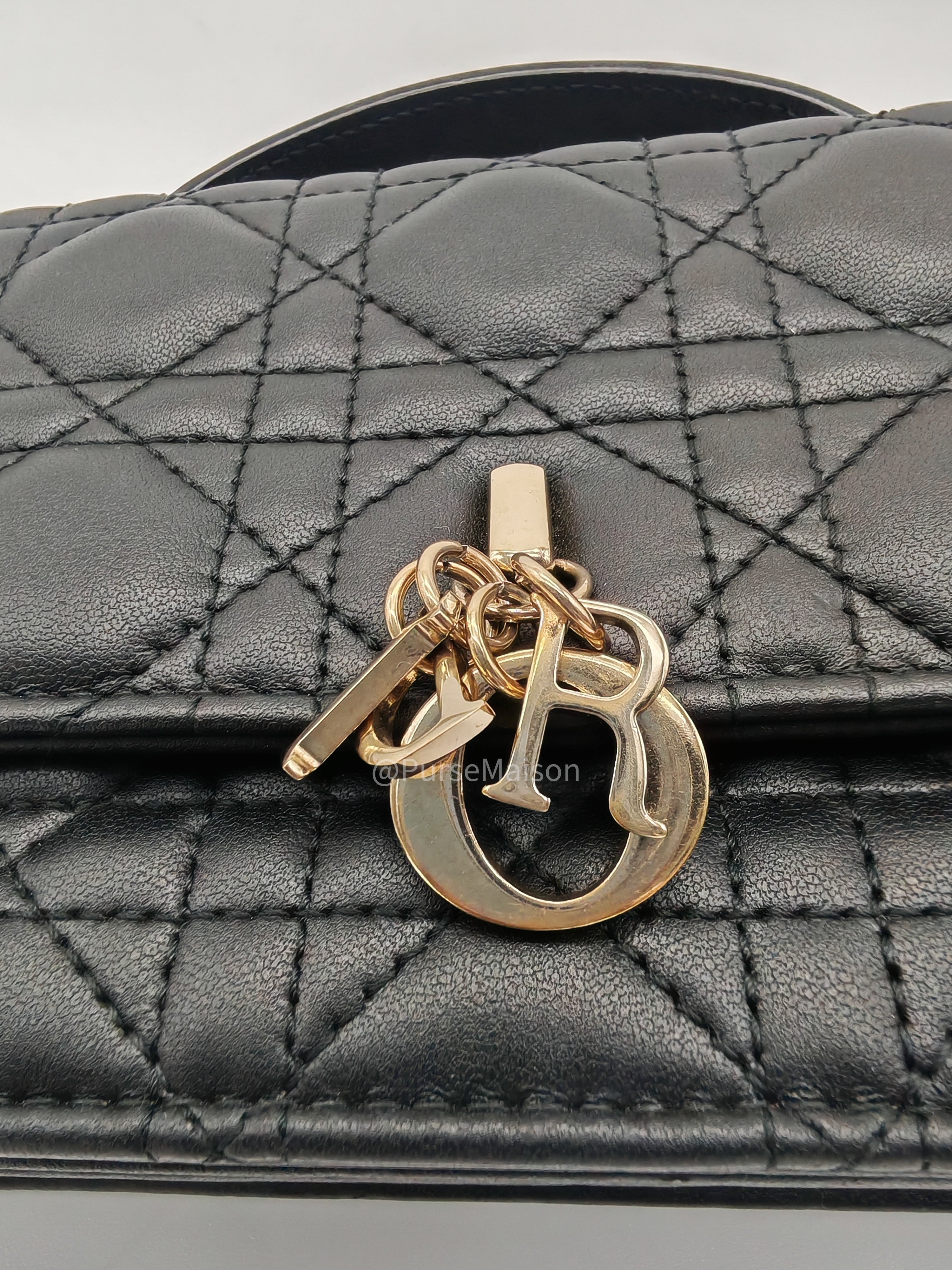 My Dior Mini Top Handle Chain Strap Bag in Black Cannage Lambskin Leather Light Gold Hardware
