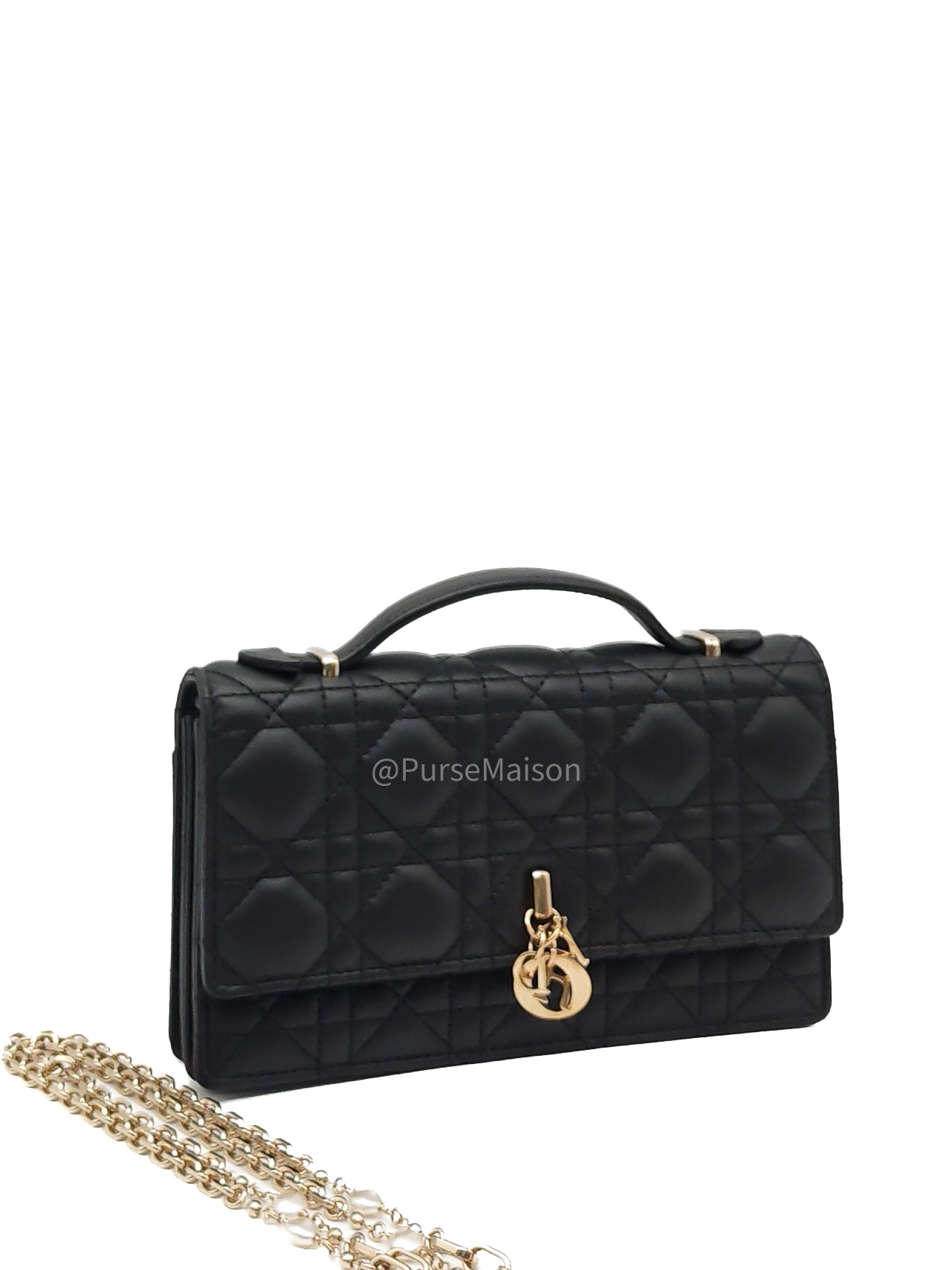 My Dior Mini Top Handle Chain Strap Bag in Black Cannage Lambskin Leather Light Gold Hardware