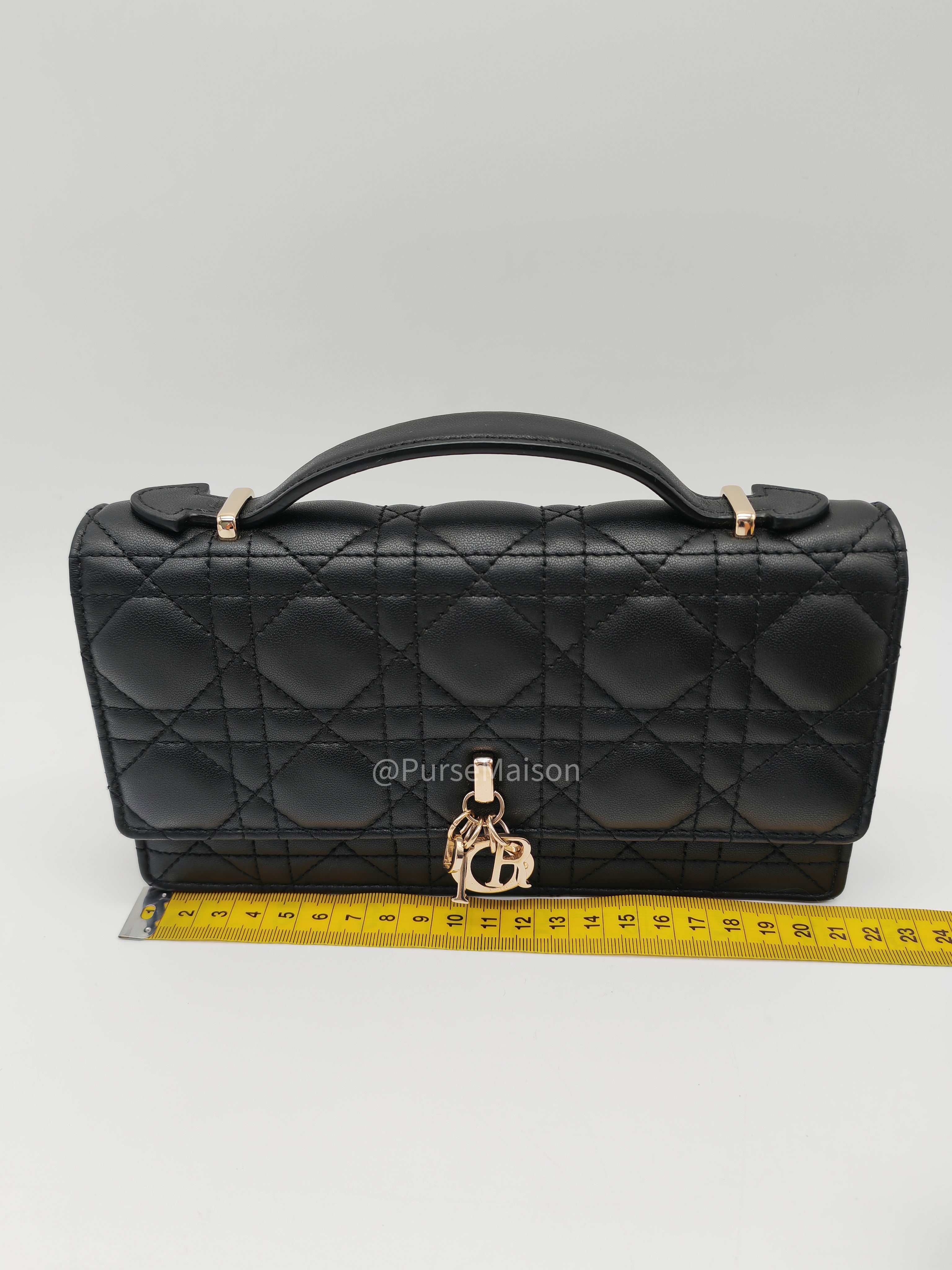 My Dior Mini Top Handle Chain Strap Bag in Black Cannage Lambskin Leather Light Gold Hardware