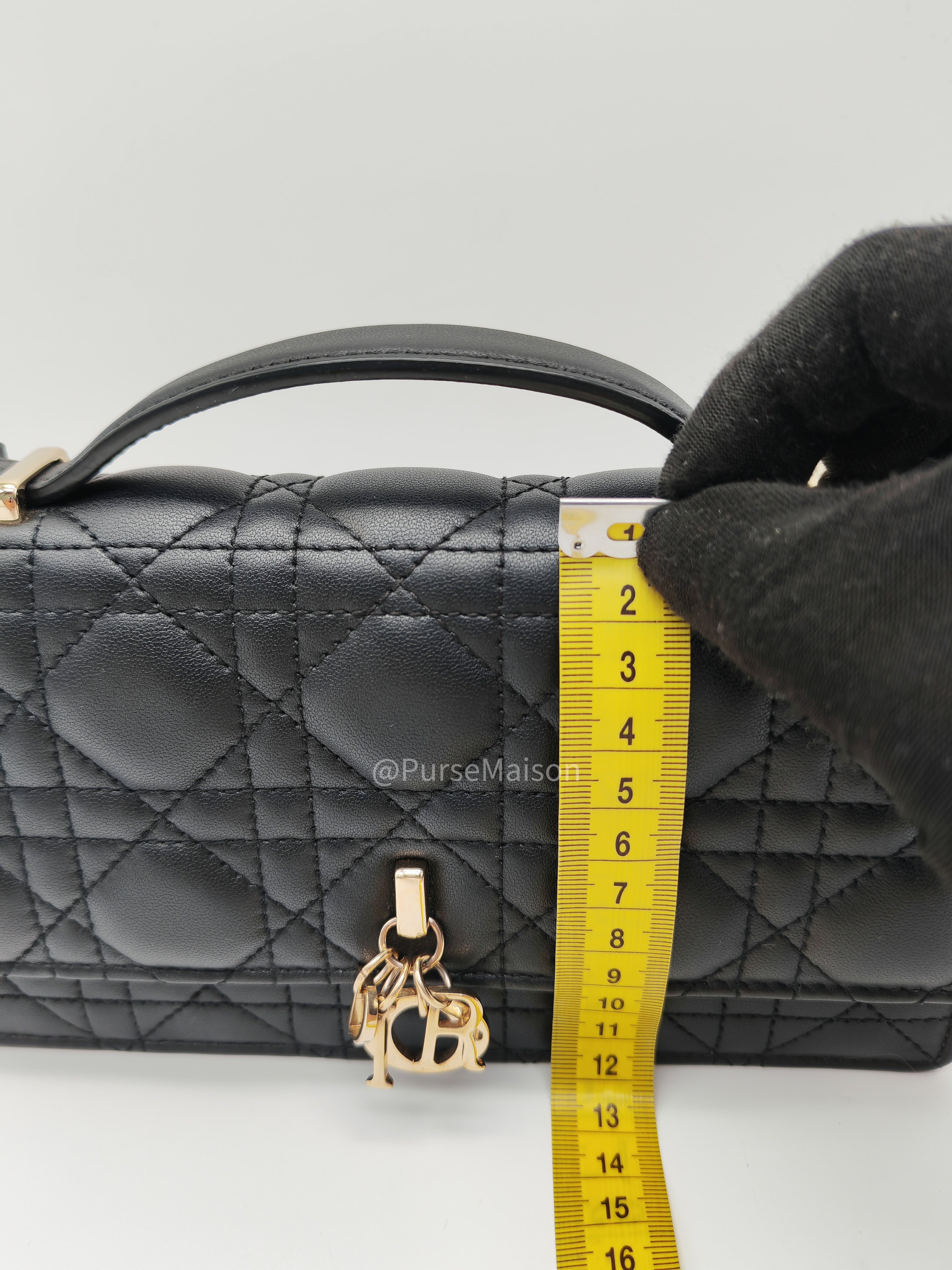 My Dior Mini Top Handle Chain Strap Bag in Black Cannage Lambskin Leather Light Gold Hardware