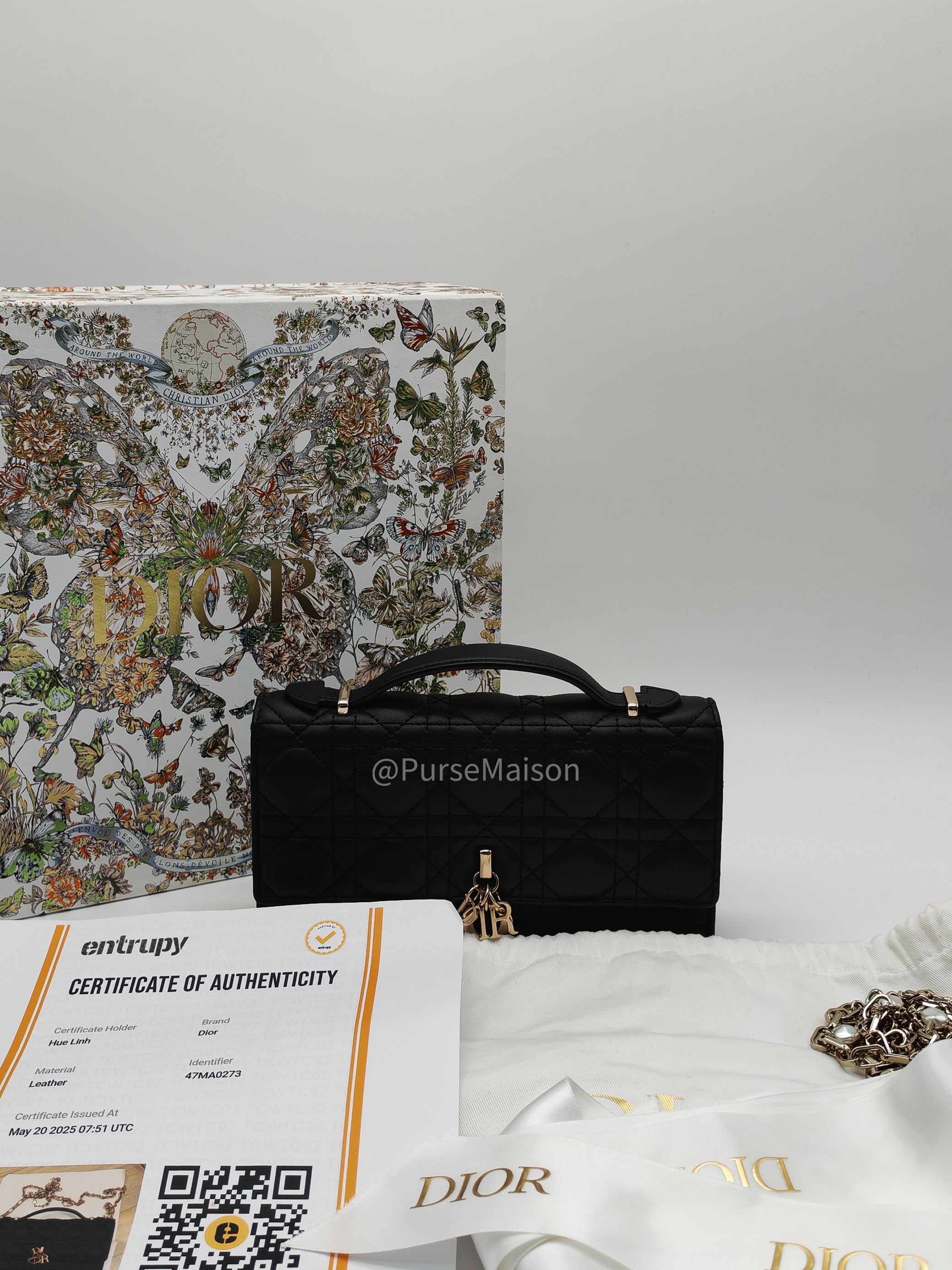 My Dior Mini Top Handle Chain Strap Bag in Black Cannage Lambskin Leather Light Gold Hardware