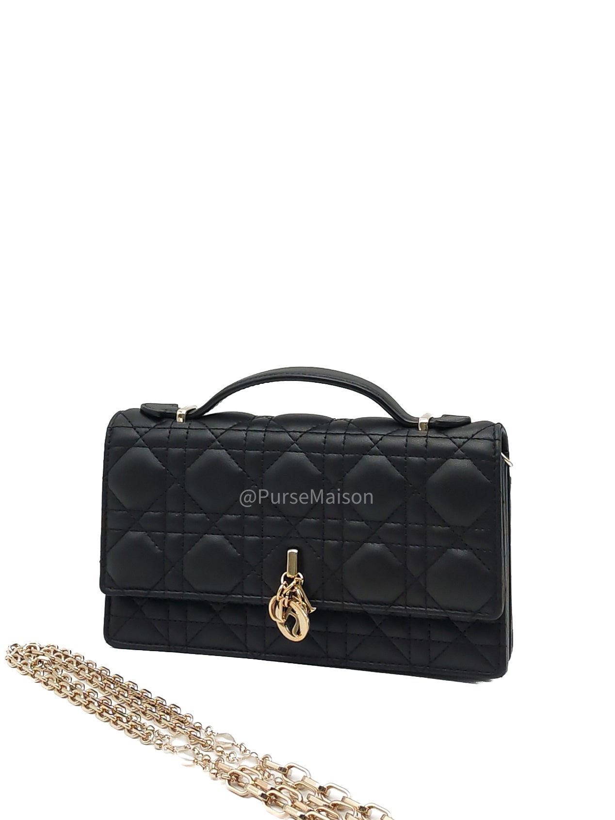 My Dior Mini Top Handle Chain Strap Bag in Black Cannage Lambskin Leather Light Gold Hardware