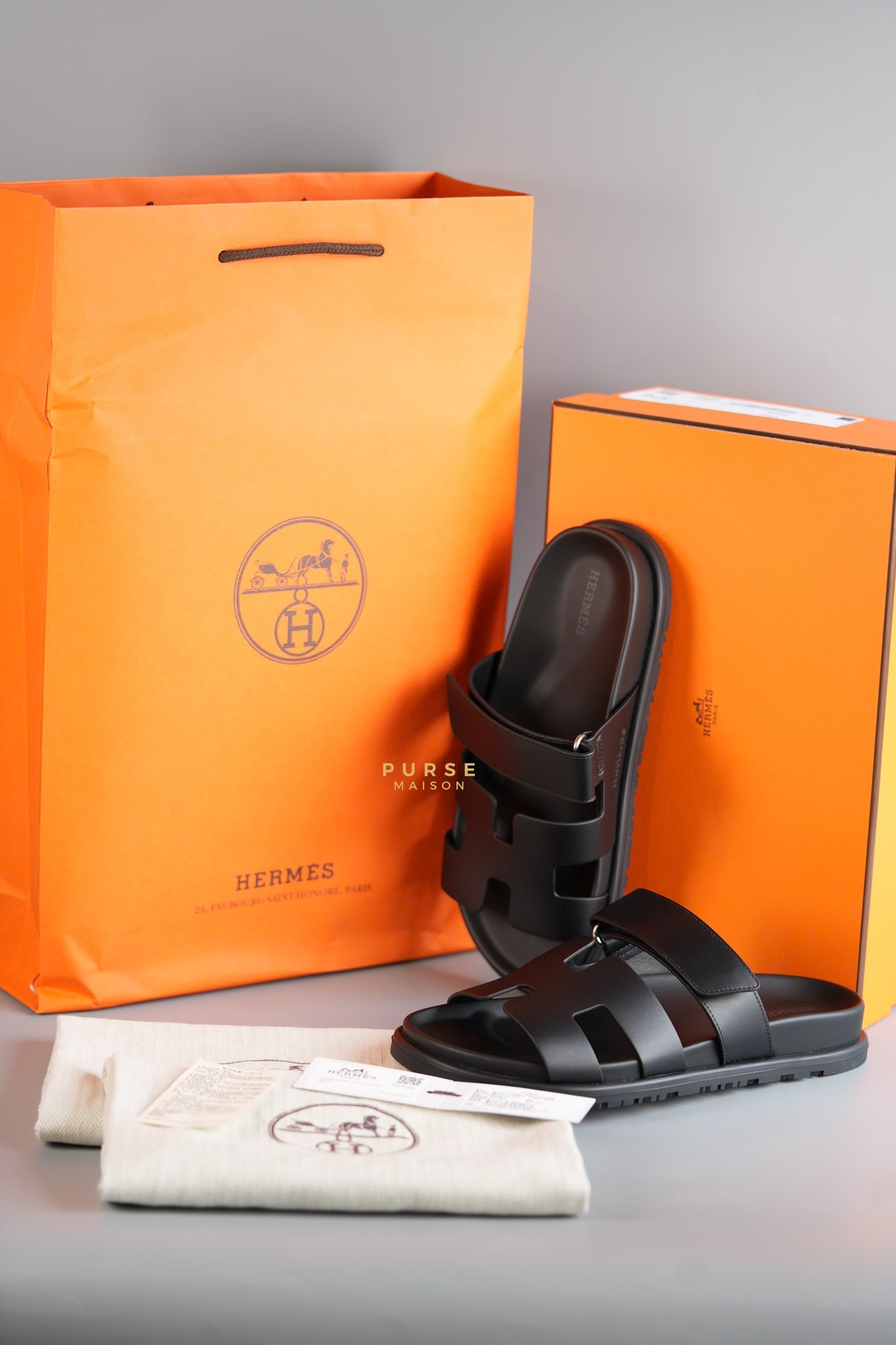 Chypre Noir Veau Leather Sandals Size 37 (24.5cm) | Purse Maison Luxury Bags Shop