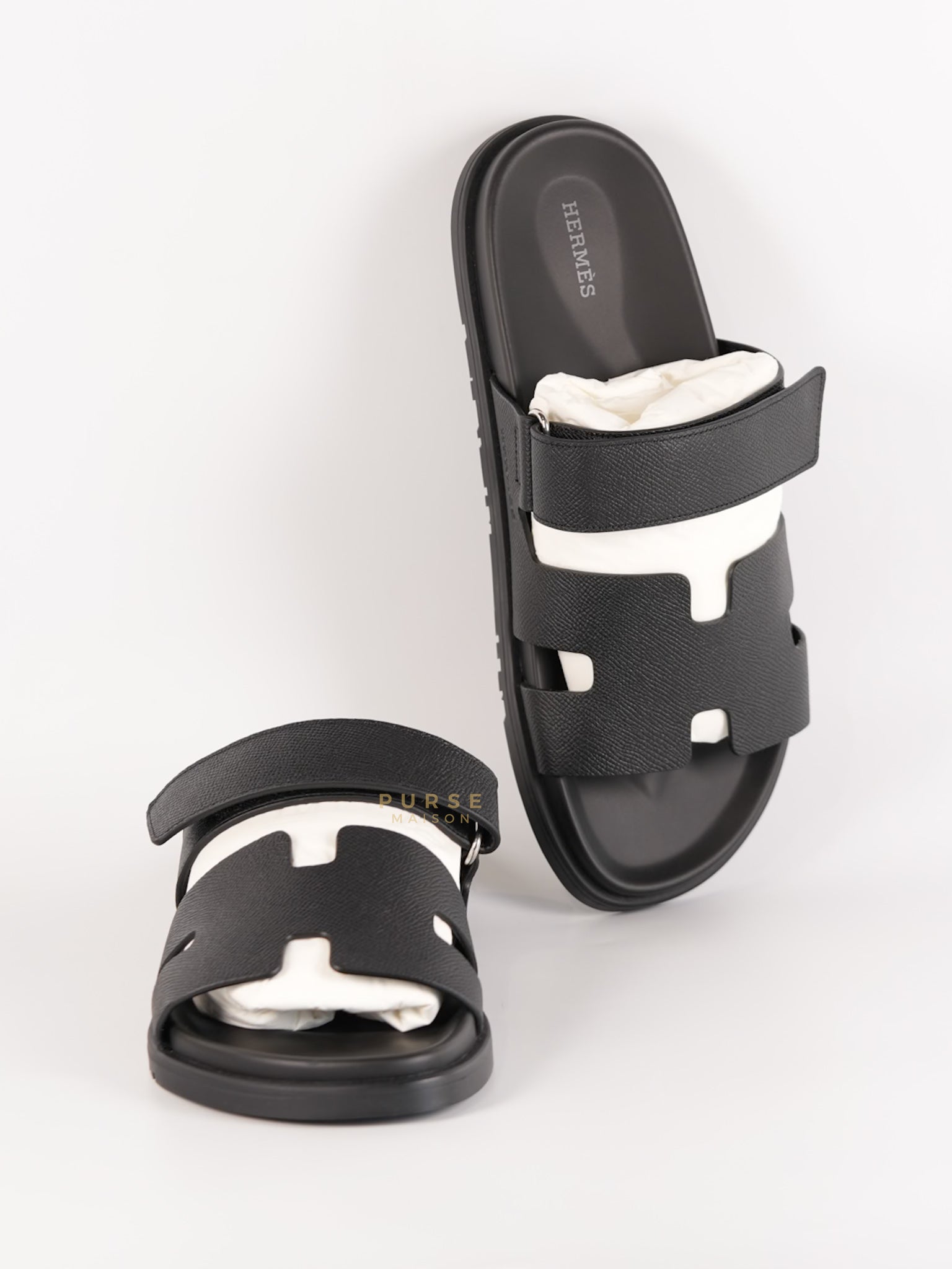 Chypre Sandals in Noir Epsom Leather, Size 9 EU (25 cm) | Purse Maison Luxury Bags Shop