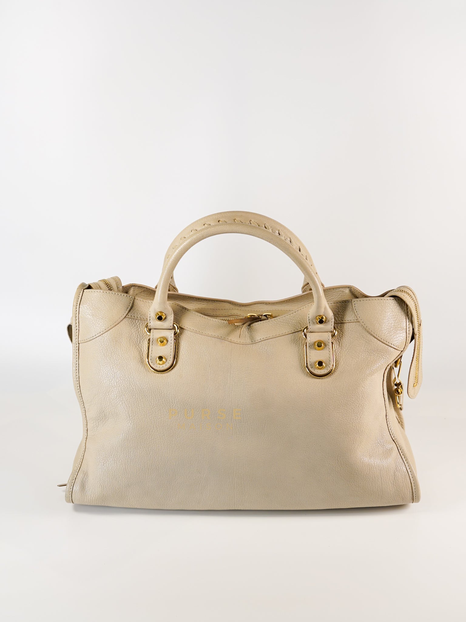 City Metallic Edge Medium in Light Beige and Gold Hardware | Purse Maison Luxury Bags Shop