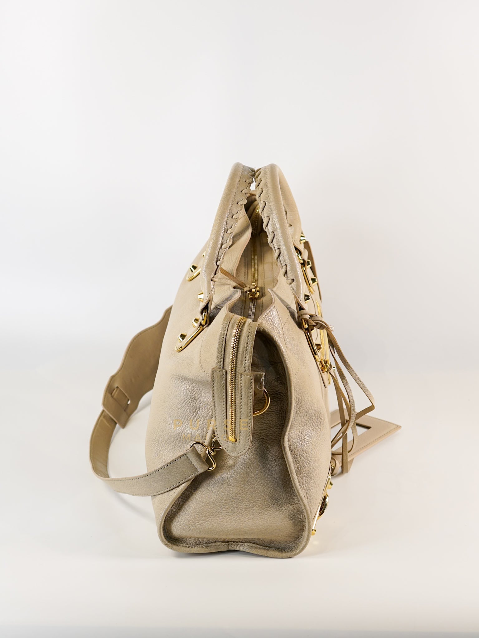 City Metallic Edge Medium in Light Beige and Gold Hardware | Purse Maison Luxury Bags Shop