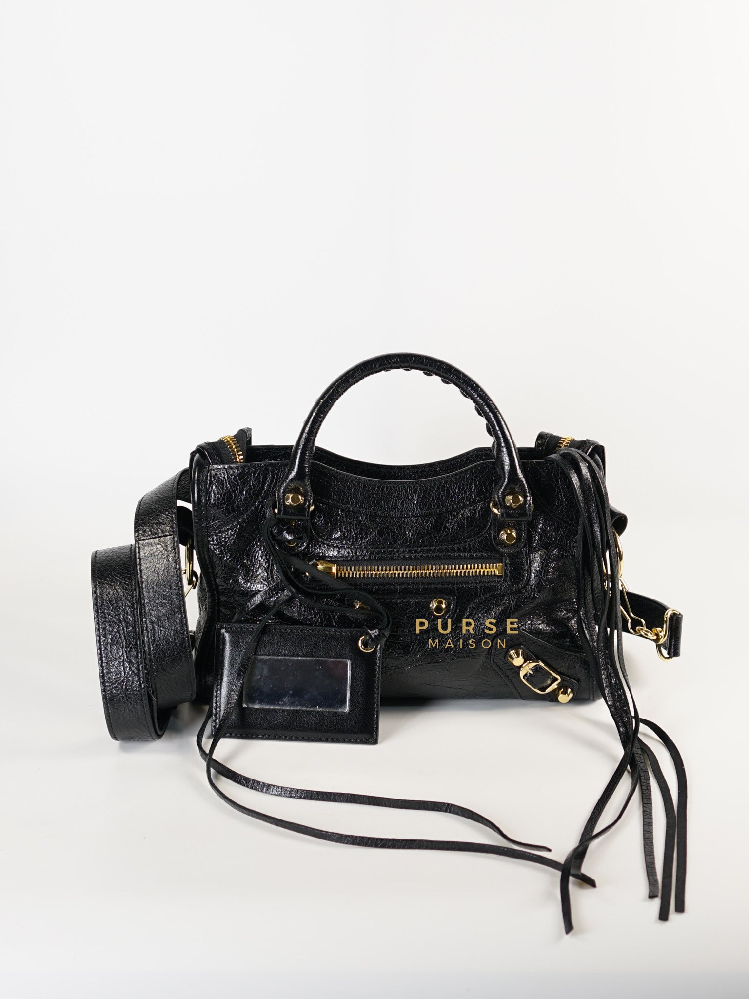 City Metallic Edge Mini Black Leather and Gold Hardware | Purse Maison Luxury Bags Shop