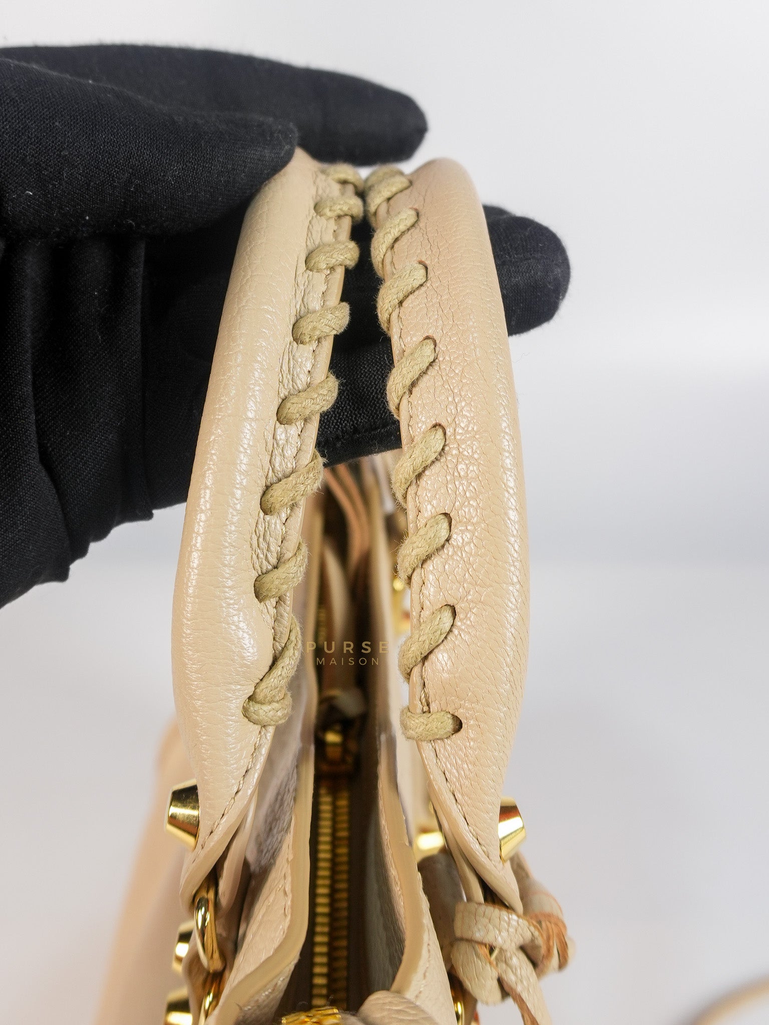 City Metallic Edge Mini in Beige Leather and Gold Hardware | Purse Maison Luxury Bags Shop