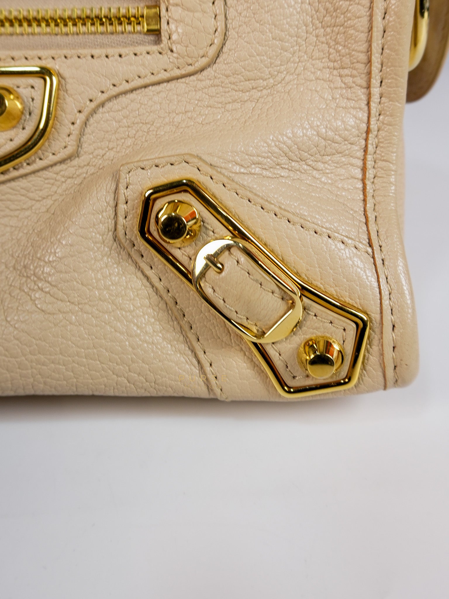 City Metallic Edge Mini in Beige Leather and Gold Hardware | Purse Maison Luxury Bags Shop