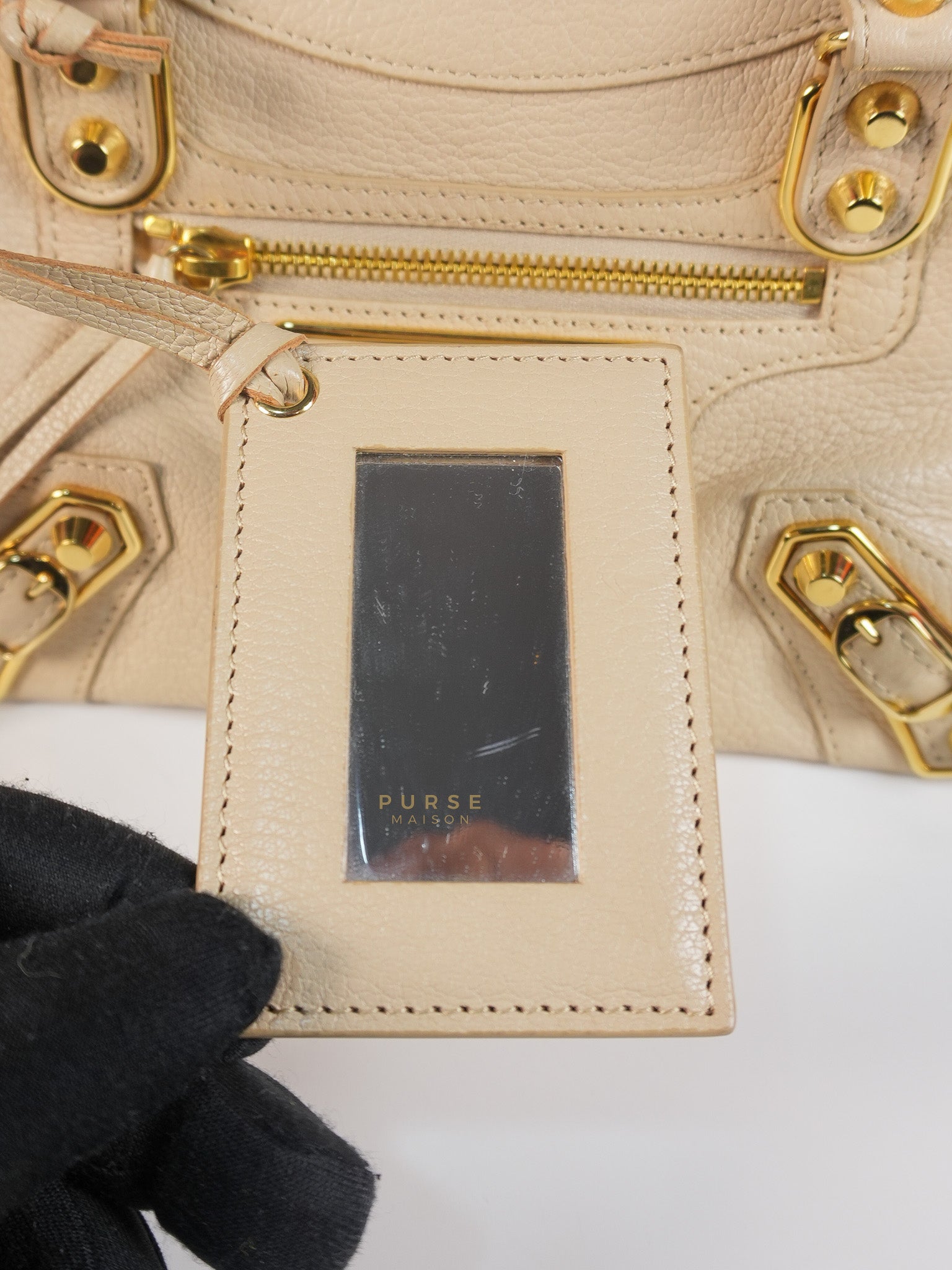 City Metallic Edge Mini in Beige Leather and Gold Hardware | Purse Maison Luxury Bags Shop