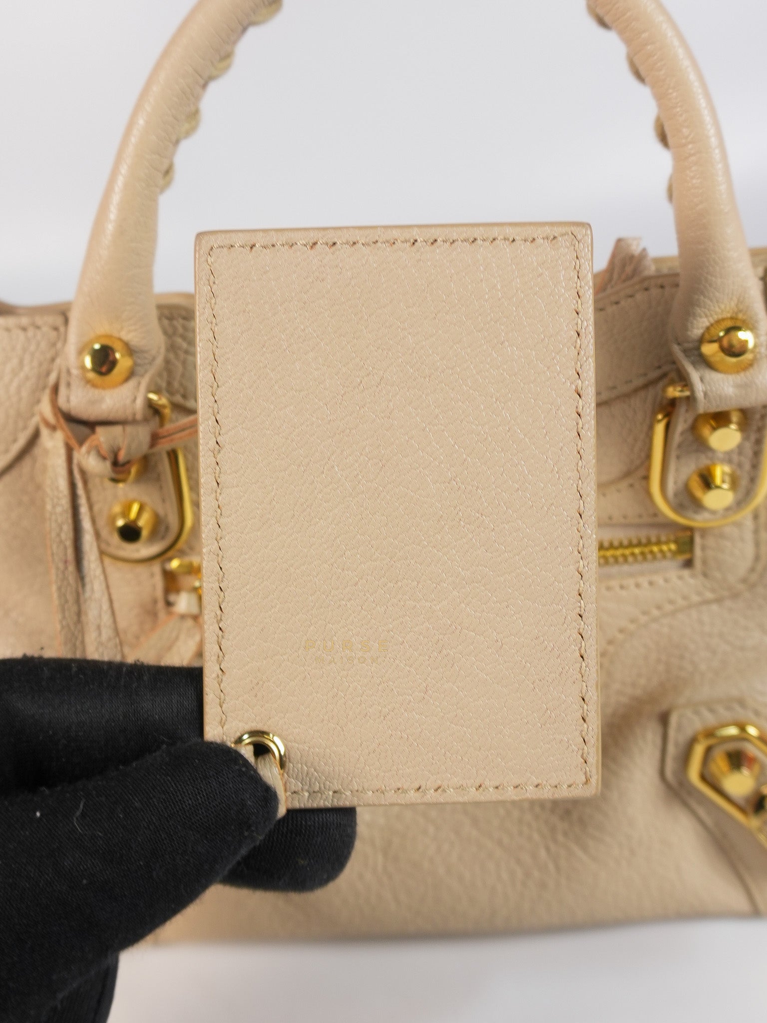 City Metallic Edge Mini in Beige Leather and Gold Hardware | Purse Maison Luxury Bags Shop