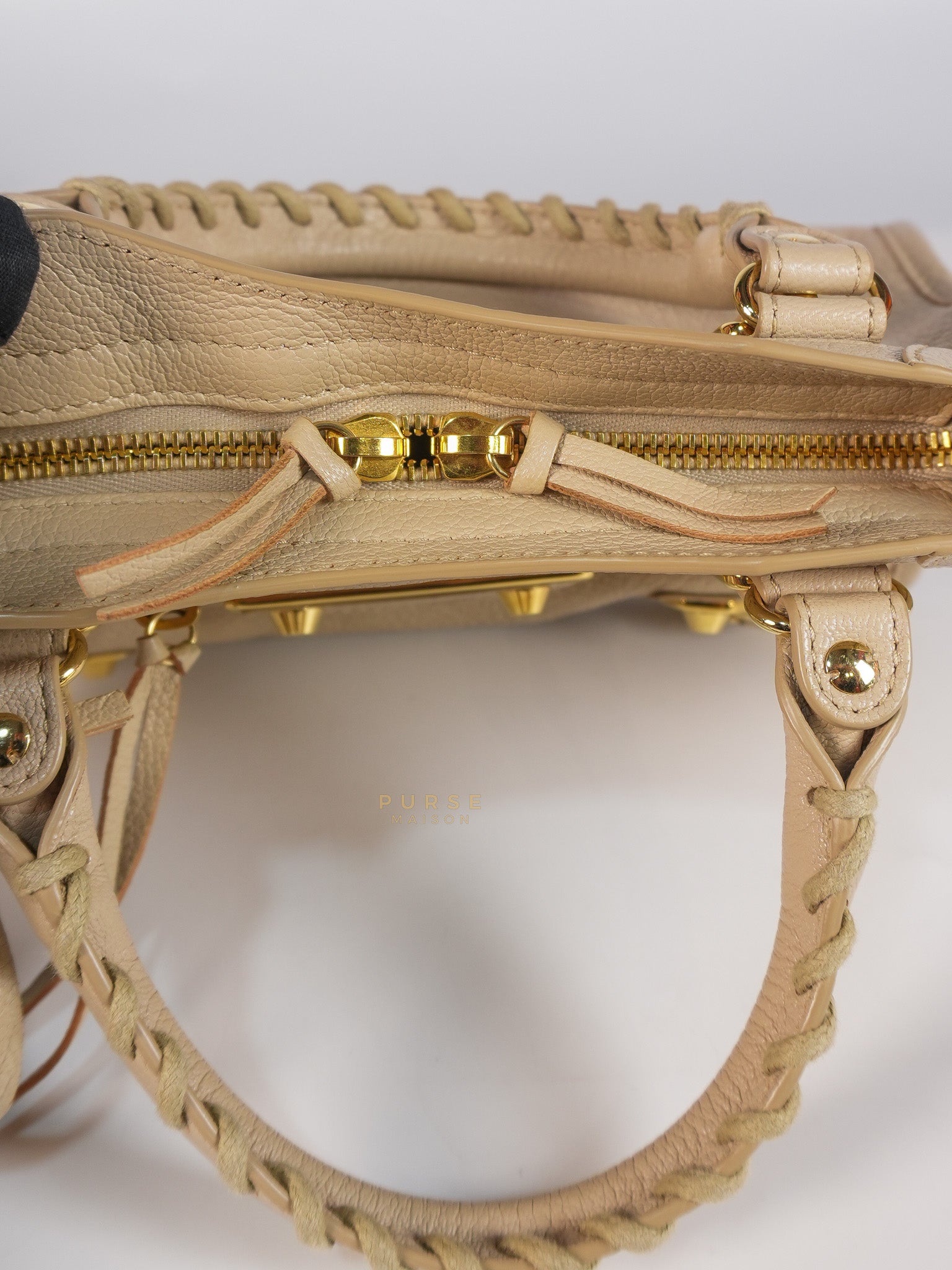 City Metallic Edge Mini in Beige Leather and Gold Hardware | Purse Maison Luxury Bags Shop