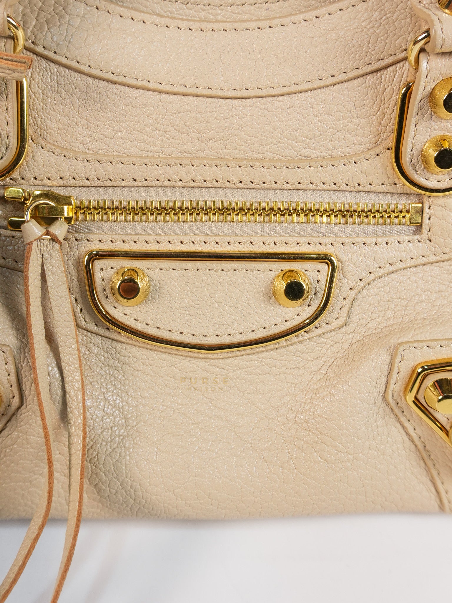 City Metallic Edge Mini in Beige Leather and Gold Hardware | Purse Maison Luxury Bags Shop