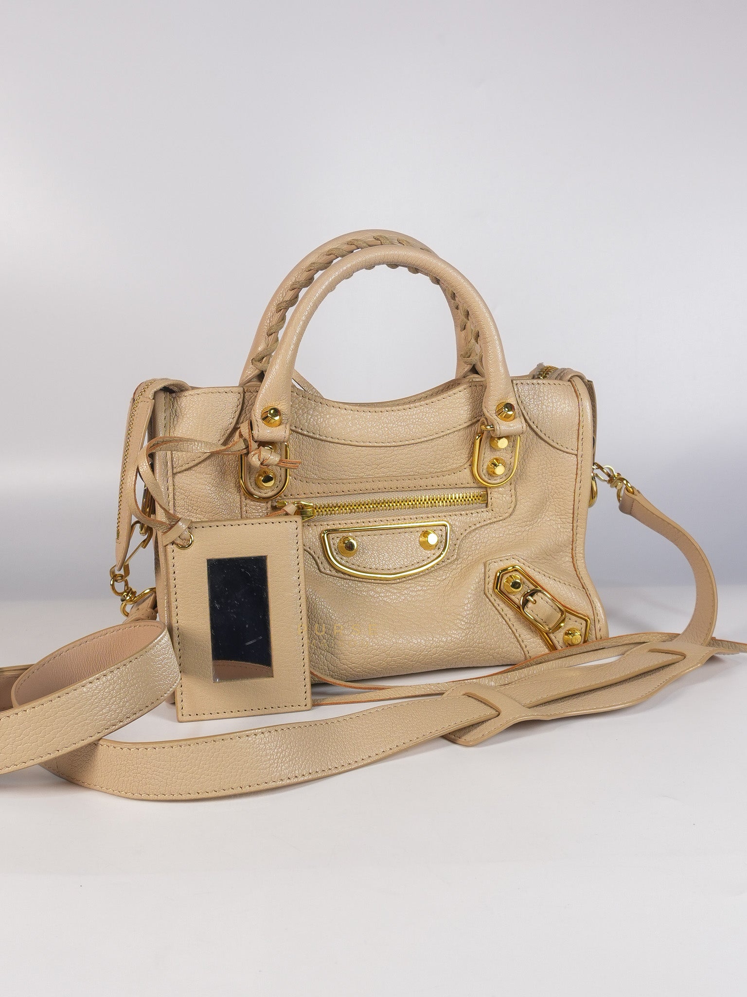 City Metallic Edge Mini in Beige Leather and Gold Hardware | Purse Maison Luxury Bags Shop