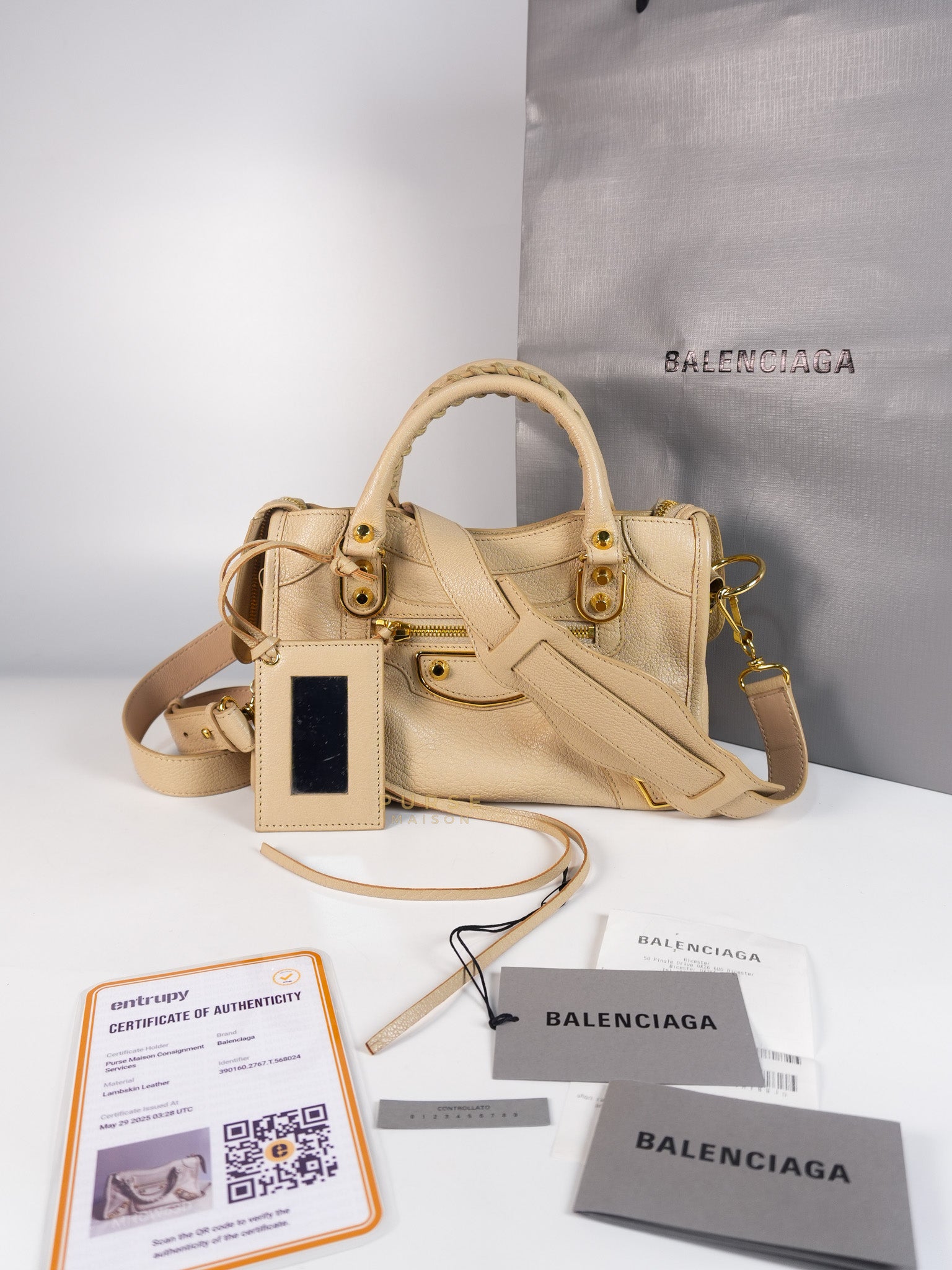 City Metallic Edge Mini in Beige Leather and Gold Hardware | Purse Maison Luxury Bags Shop