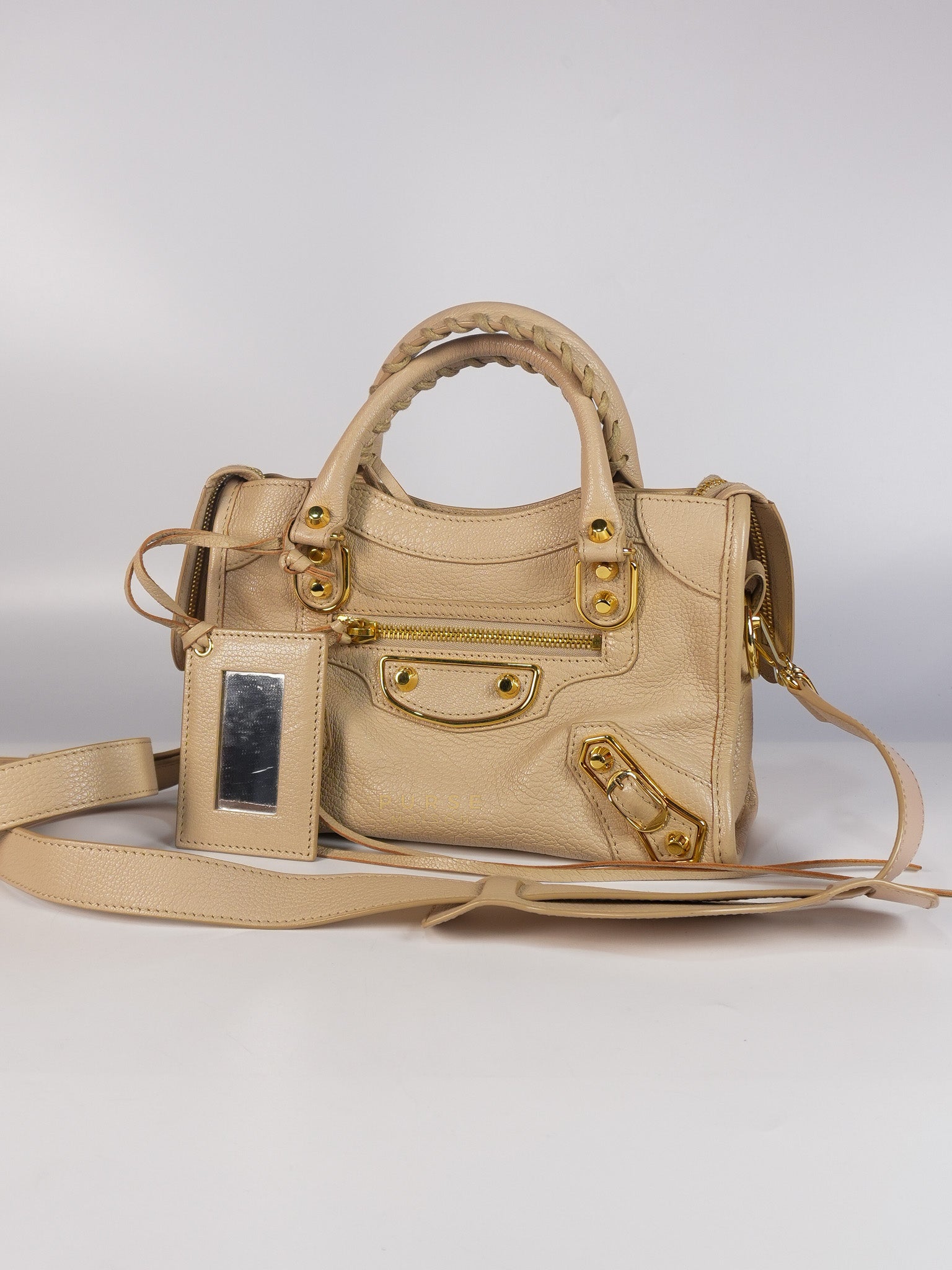 City Metallic Edge Mini in Beige Leather and Gold Hardware | Purse Maison Luxury Bags Shop