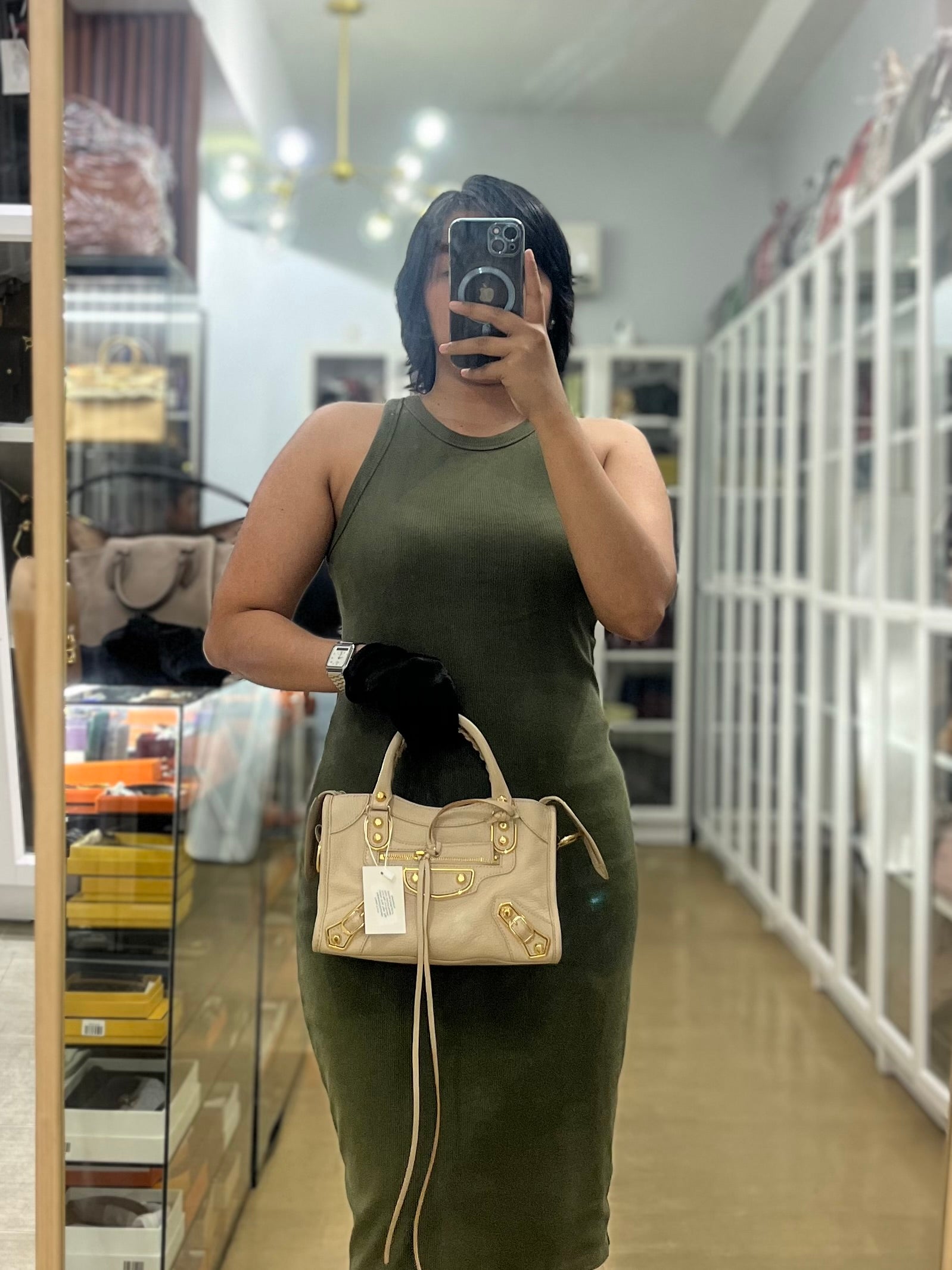 City Metallic Edge Mini in Beige Leather and Gold Hardware | Purse Maison Luxury Bags Shop