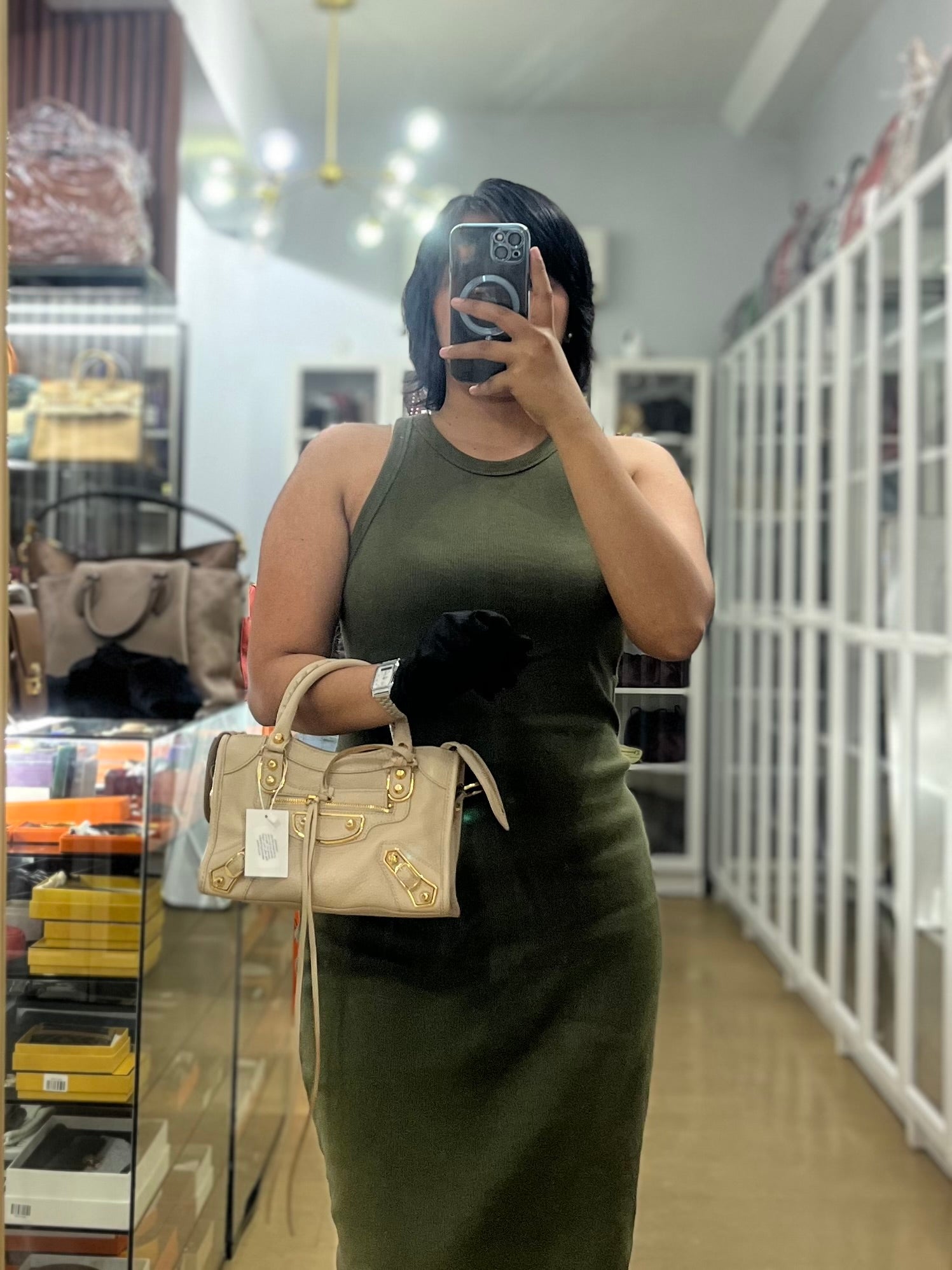 City Metallic Edge Mini in Beige Leather and Gold Hardware | Purse Maison Luxury Bags Shop