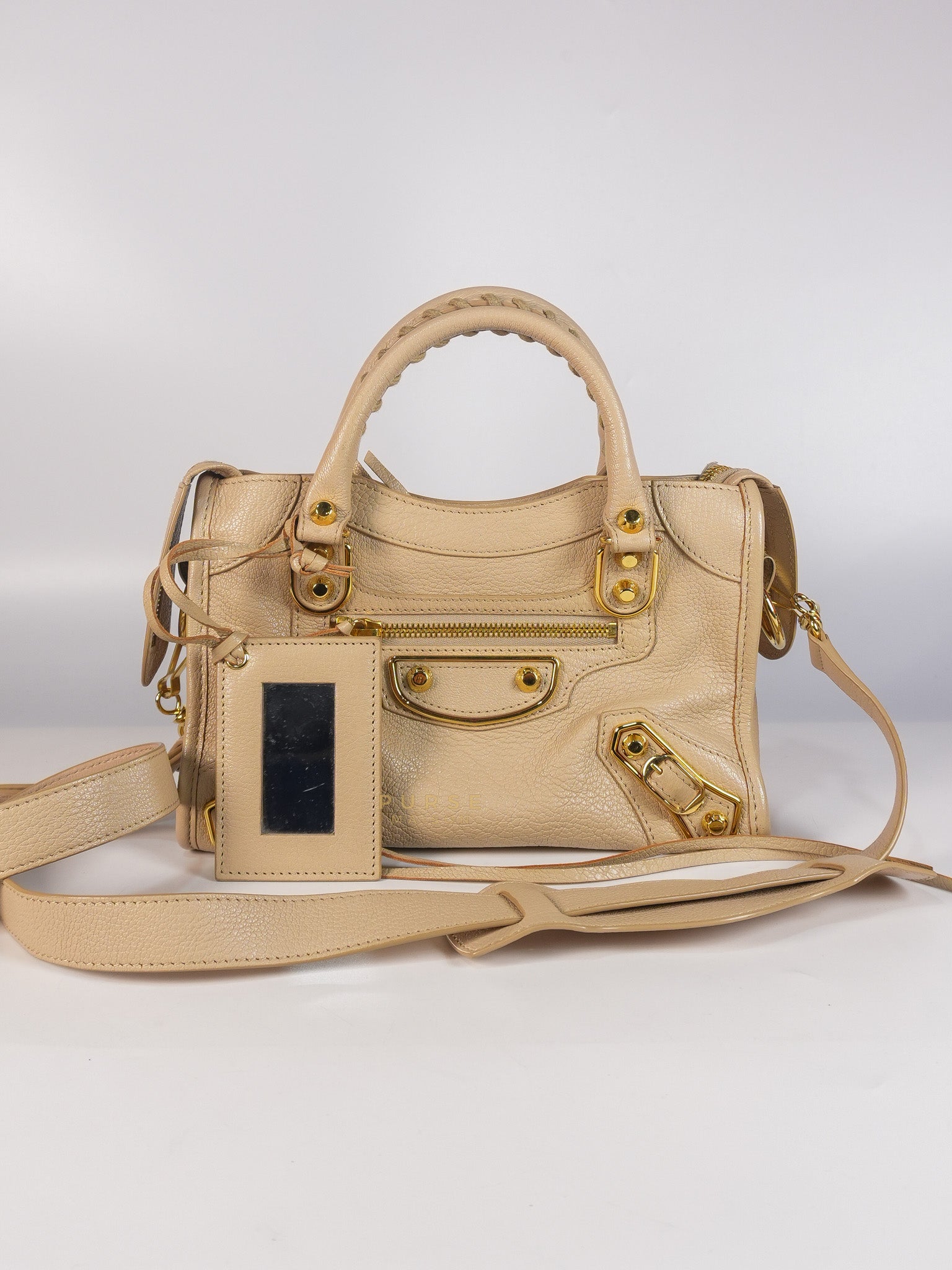 City Metallic Edge Mini in Beige Leather and Gold Hardware | Purse Maison Luxury Bags Shop