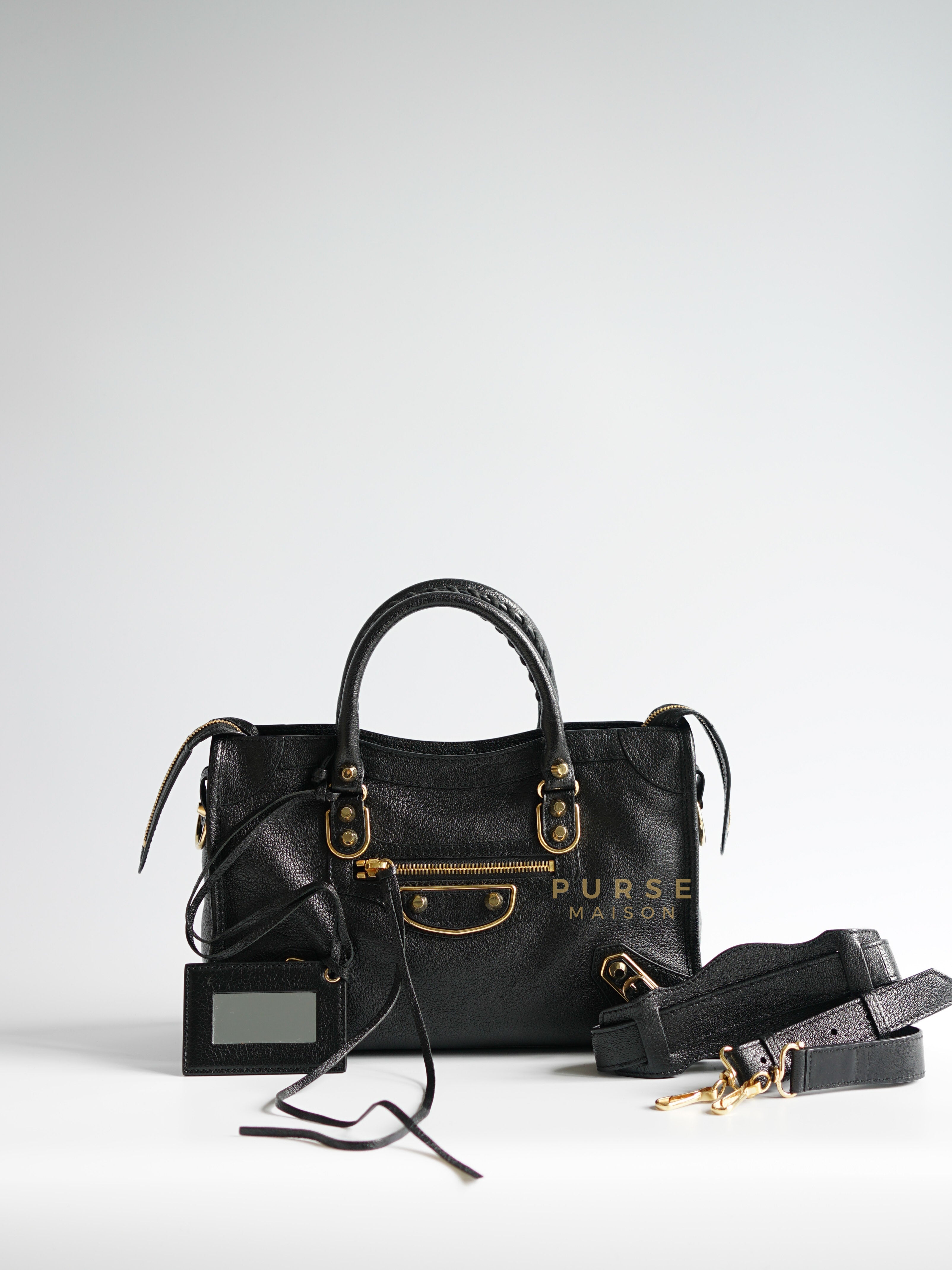 City Metallic Edge Small Black Leather and Gold Hardware | Purse Maison Luxury Bags Shop