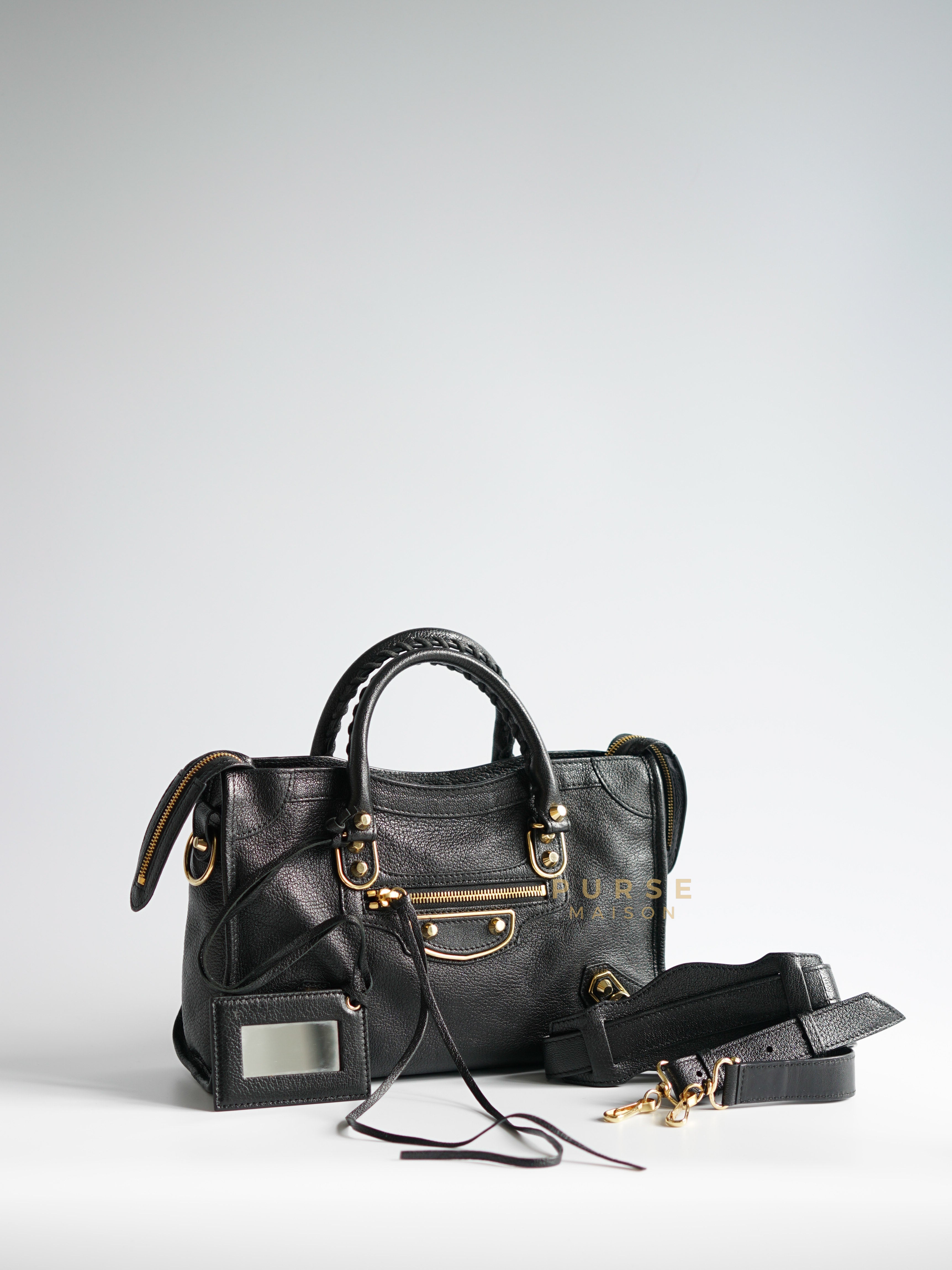 City Metallic Edge Small Black Leather and Gold Hardware | Purse Maison Luxury Bags Shop