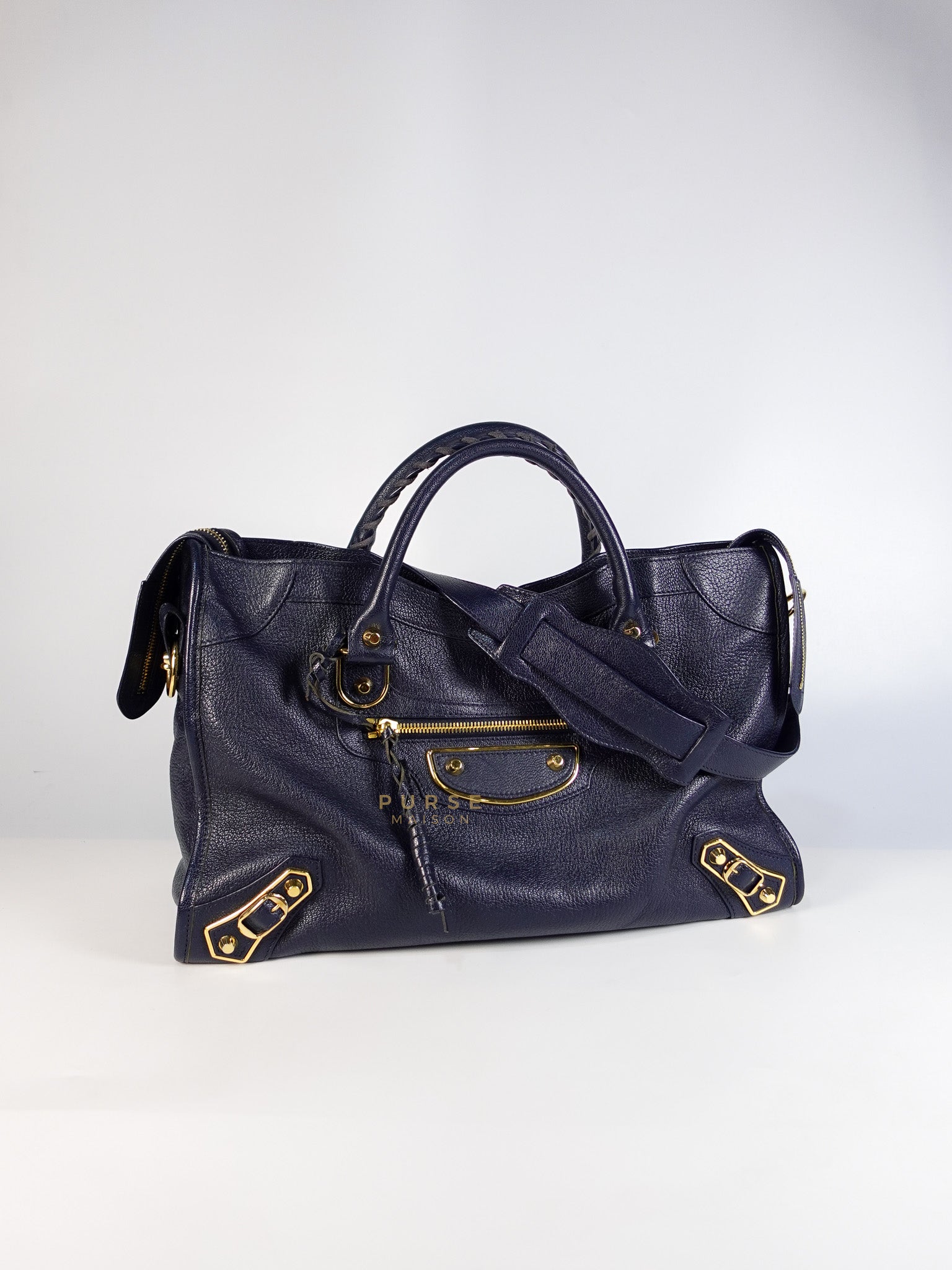 City Metallic Medium Navy Blue Grained Calfskin Leather | Purse Maison Luxury Bags Shop