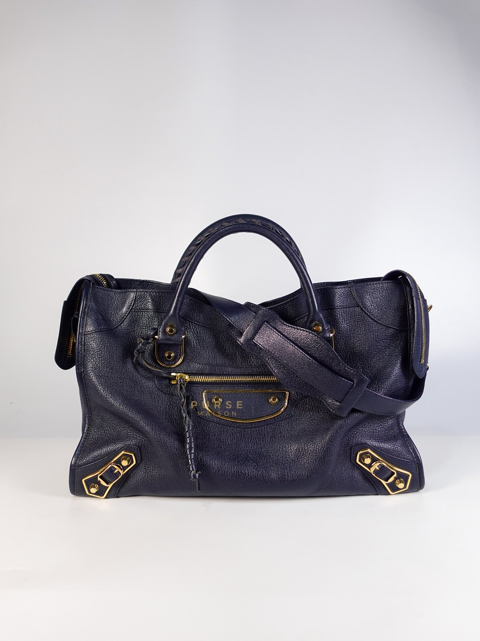 City Metallic Medium Navy Blue Grained Calfskin Leather | Purse Maison Luxury Bags Shop