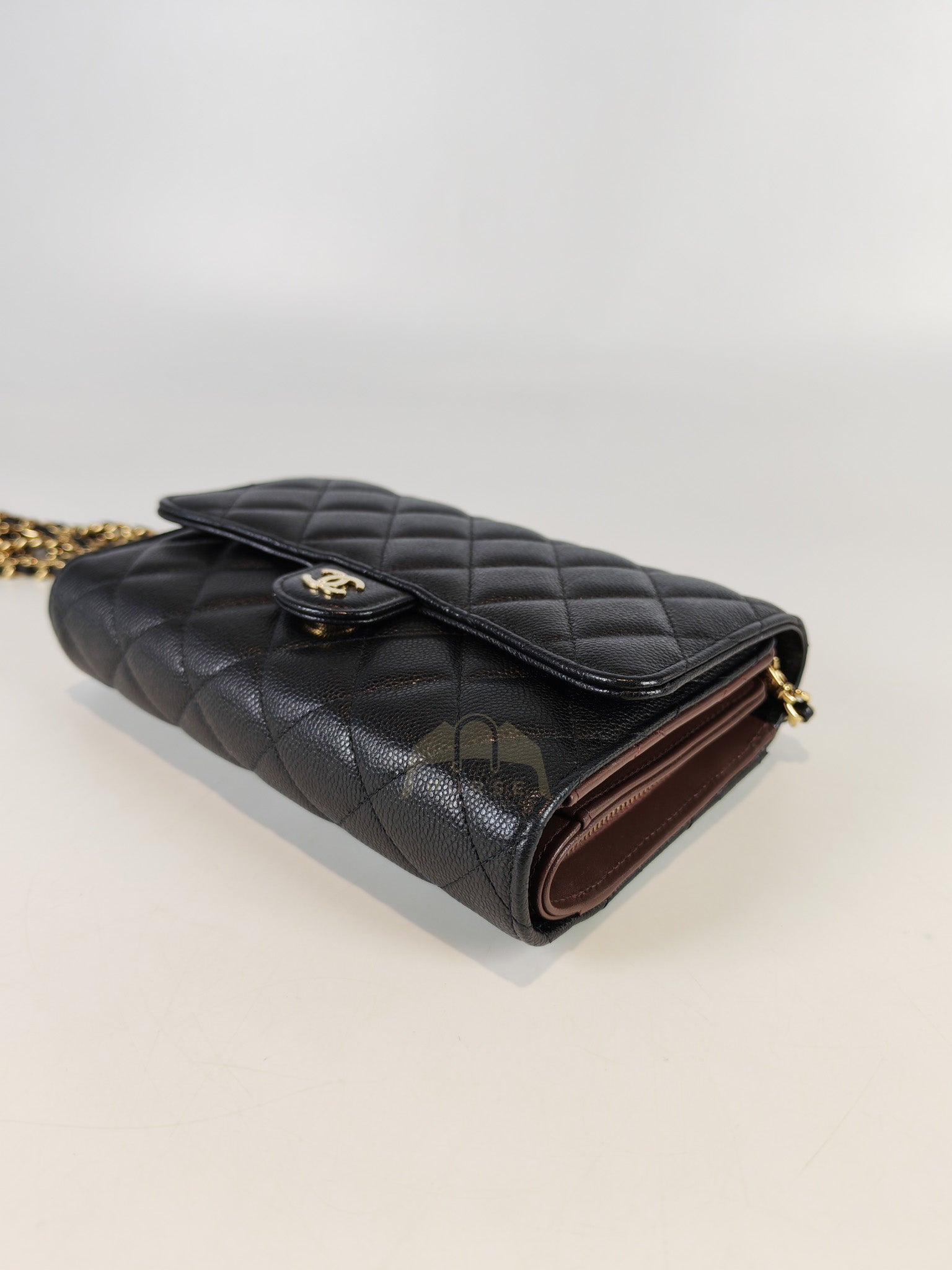 Classic Clutch On Chain in Black Caviar Leather and Light Gold Hardware (Microchip | Purse Maison Luxury Bags Shop