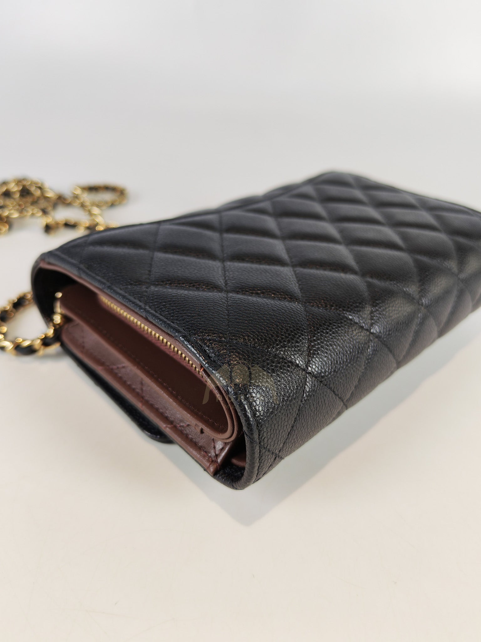 Classic Clutch On Chain in Black Caviar Leather and Light Gold Hardware (Microchip | Purse Maison Luxury Bags Shop