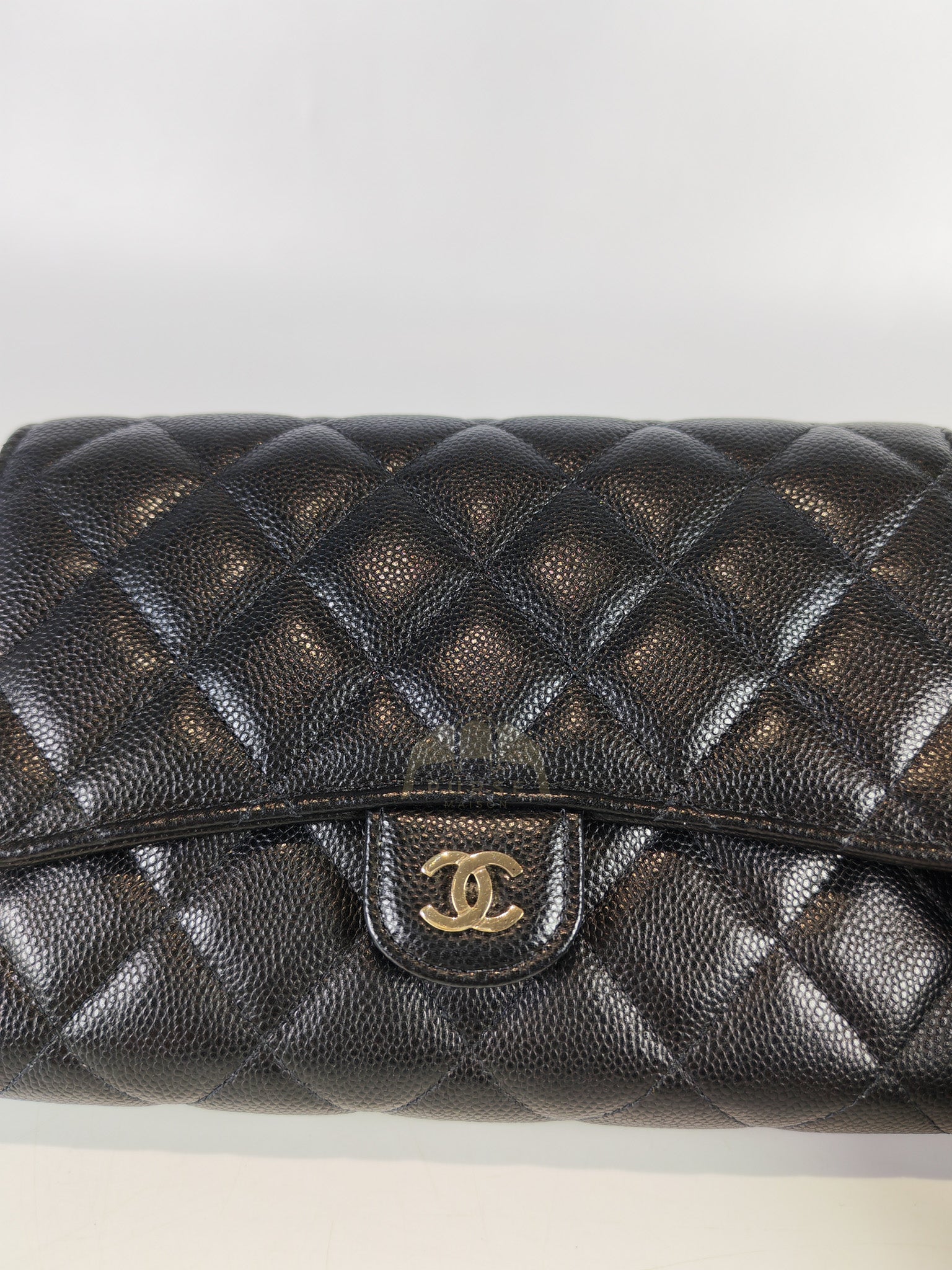 Classic Clutch On Chain in Black Caviar Leather and Light Gold Hardware (Microchip | Purse Maison Luxury Bags Shop