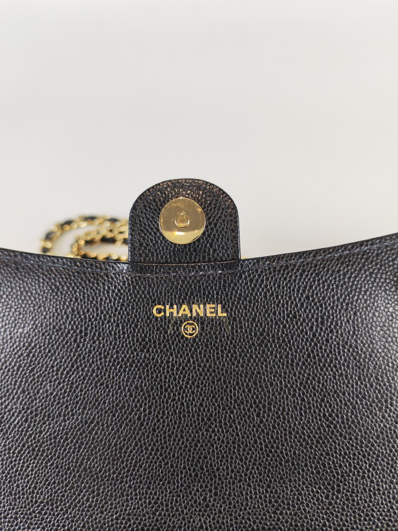 Classic Clutch On Chain in Black Caviar Leather and Light Gold Hardware (Microchip | Purse Maison Luxury Bags Shop