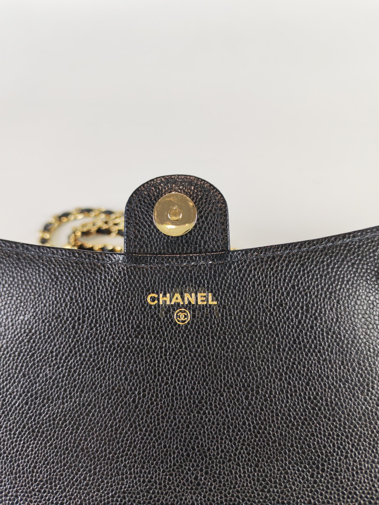 Classic Clutch On Chain in Black Caviar Leather and Light Gold Hardware (Microchip | Purse Maison Luxury Bags Shop