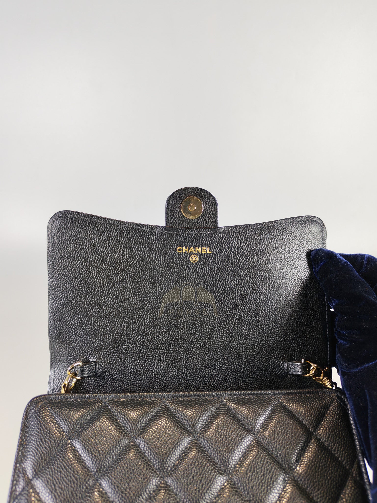Classic Clutch On Chain in Black Caviar Leather and Light Gold Hardware (Microchip | Purse Maison Luxury Bags Shop