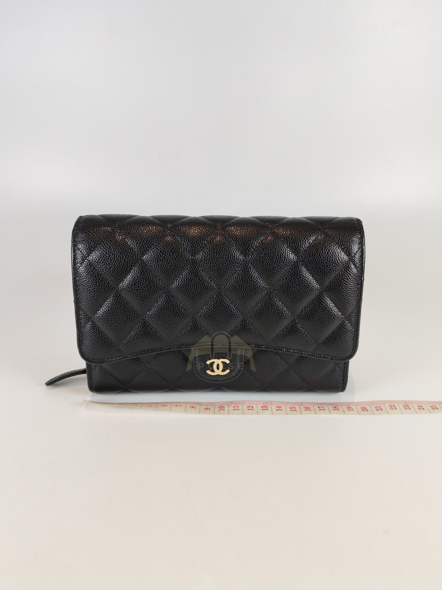 Classic Clutch On Chain in Black Caviar Leather and Light Gold Hardware (Microchip | Purse Maison Luxury Bags Shop