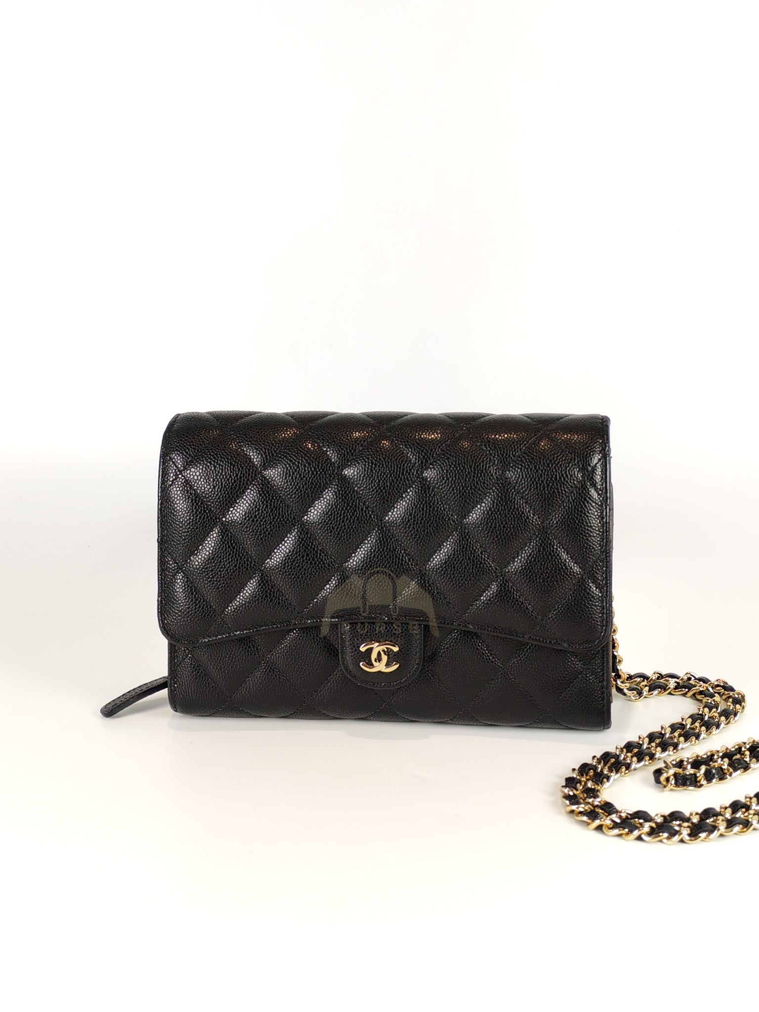 Classic Clutch On Chain in Black Caviar Leather and Light Gold Hardware (Microchip | Purse Maison Luxury Bags Shop