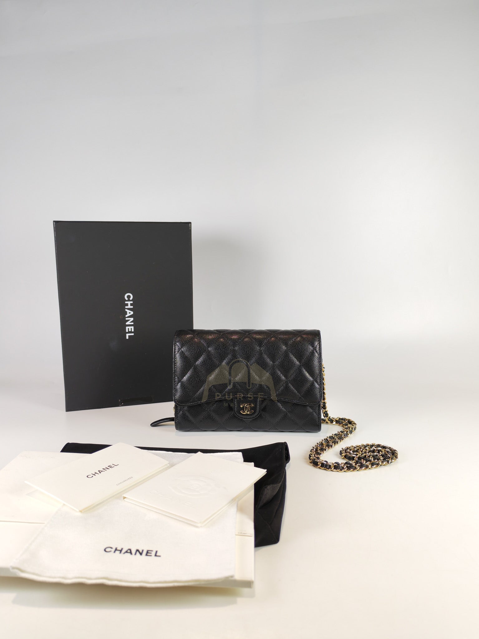 Classic Clutch On Chain in Black Caviar Leather and Light Gold Hardware (Microchip | Purse Maison Luxury Bags Shop