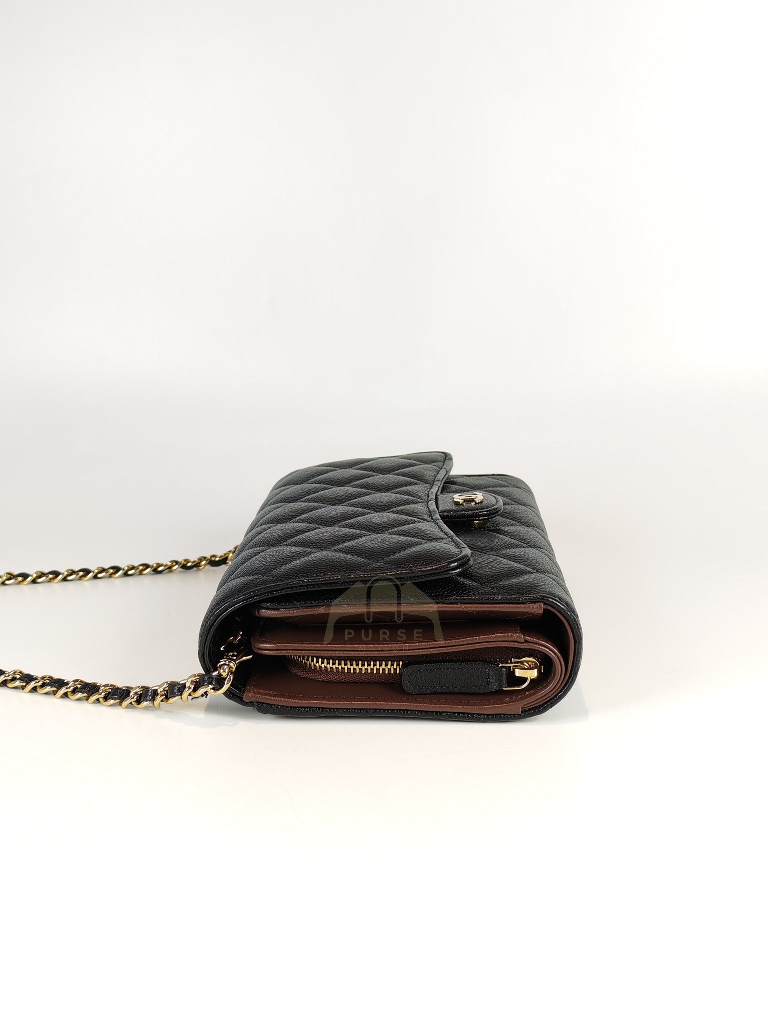 Classic Clutch On Chain in Black Caviar Leather and Light Gold Hardware (Microchip | Purse Maison Luxury Bags Shop