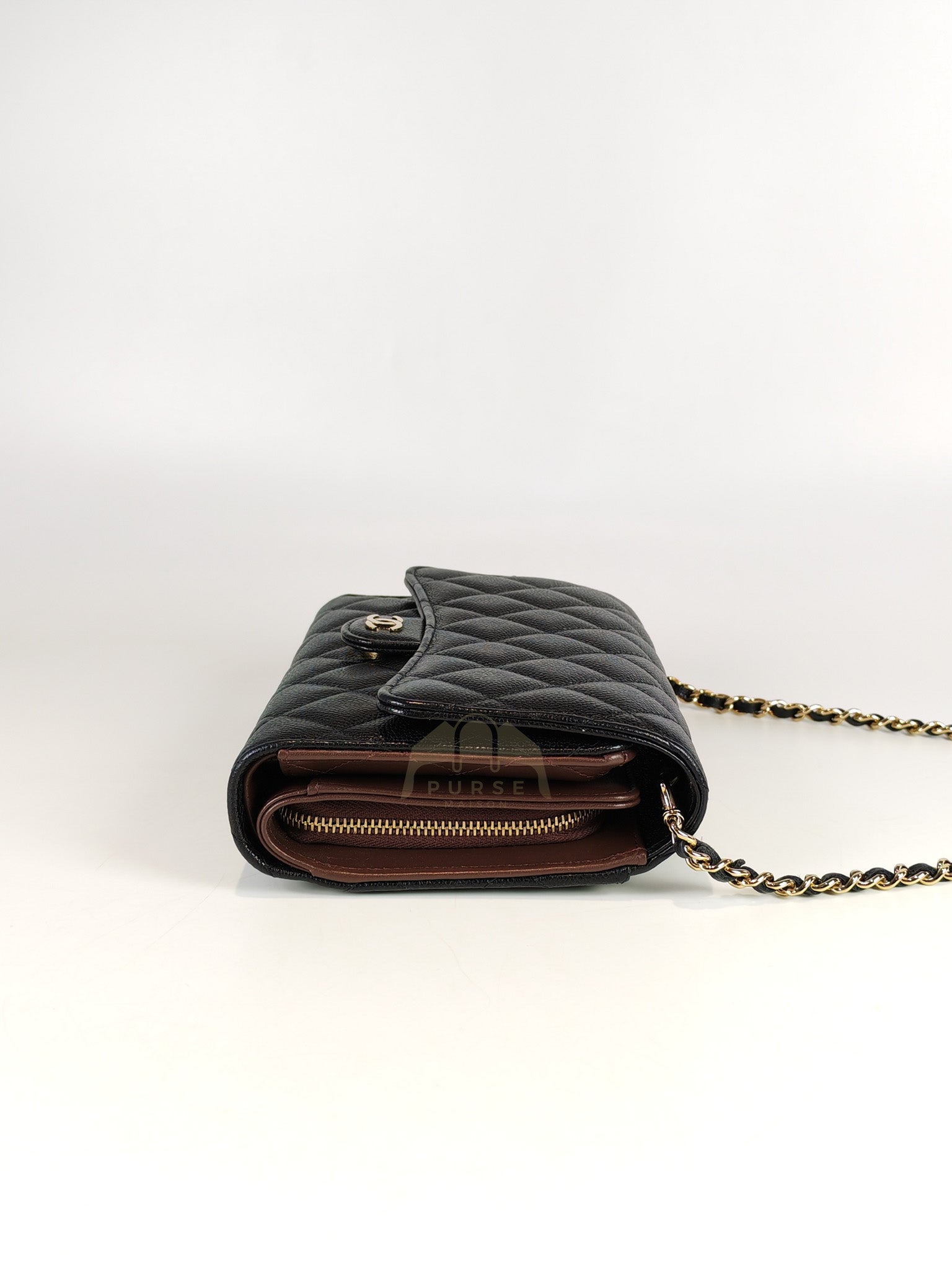 Classic Clutch On Chain in Black Caviar Leather and Light Gold Hardware (Microchip | Purse Maison Luxury Bags Shop