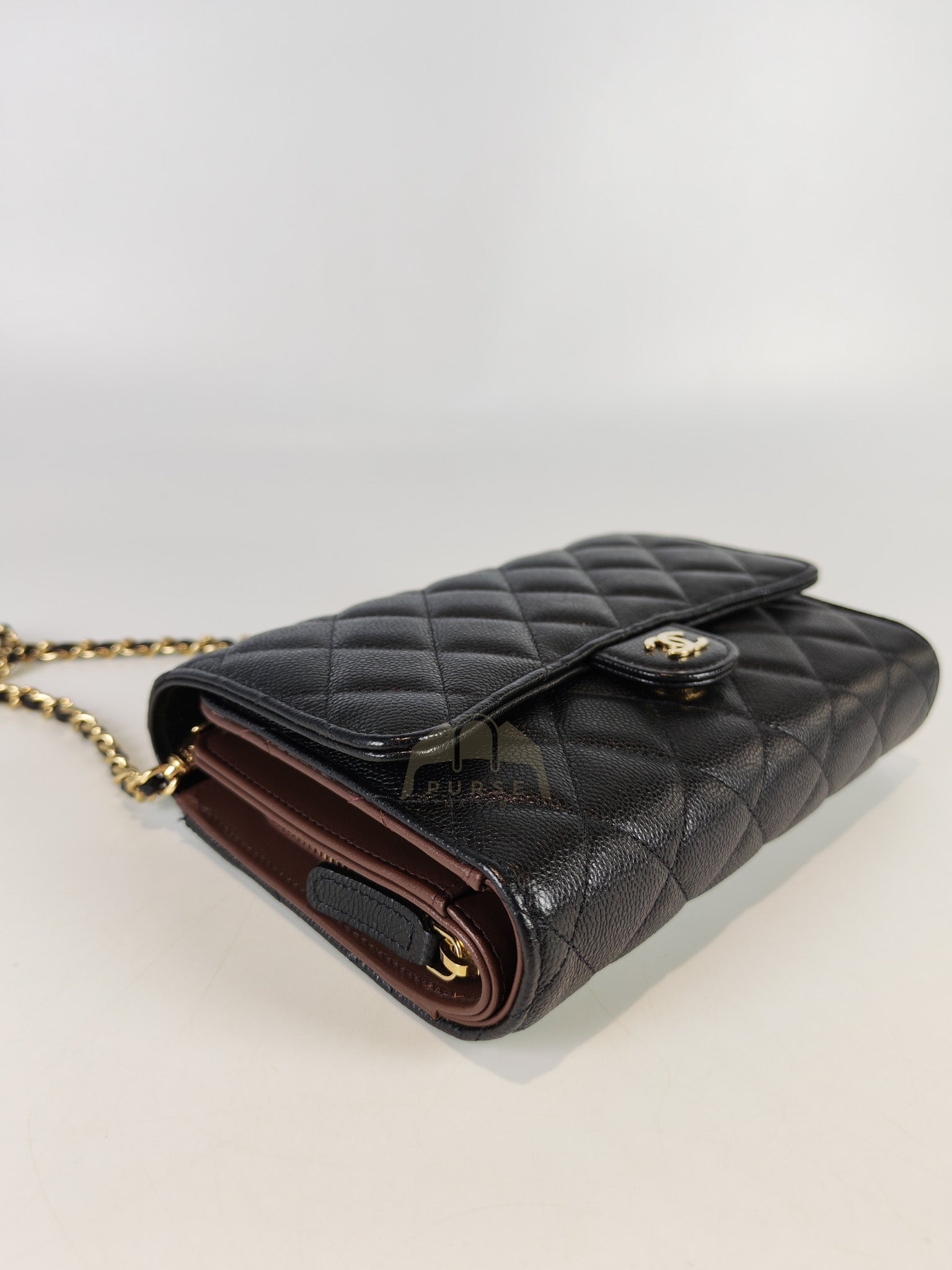 Classic Clutch On Chain in Black Caviar Leather and Light Gold Hardware (Microchip | Purse Maison Luxury Bags Shop