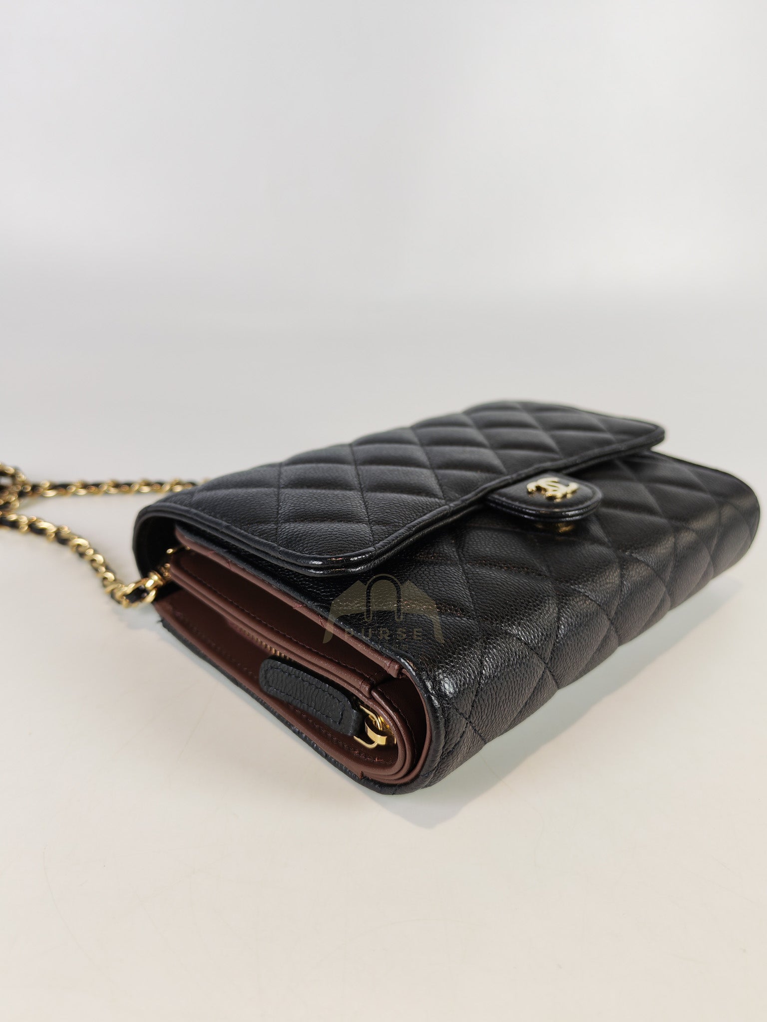 Classic Clutch On Chain in Black Caviar Leather and Light Gold Hardware (Microchip | Purse Maison Luxury Bags Shop