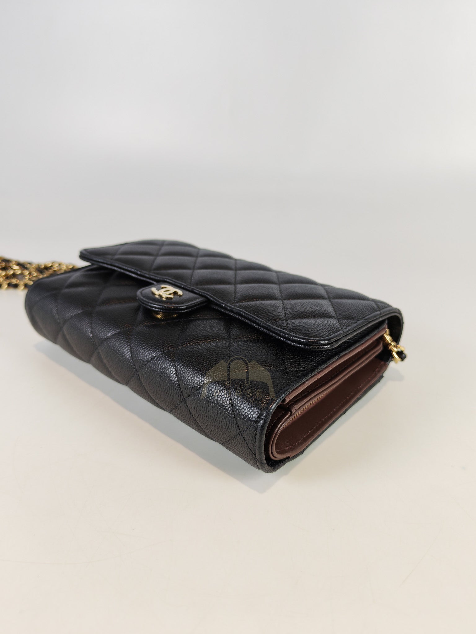 Classic Clutch On Chain in Black Caviar Leather and Light Gold Hardware (Microchip | Purse Maison Luxury Bags Shop