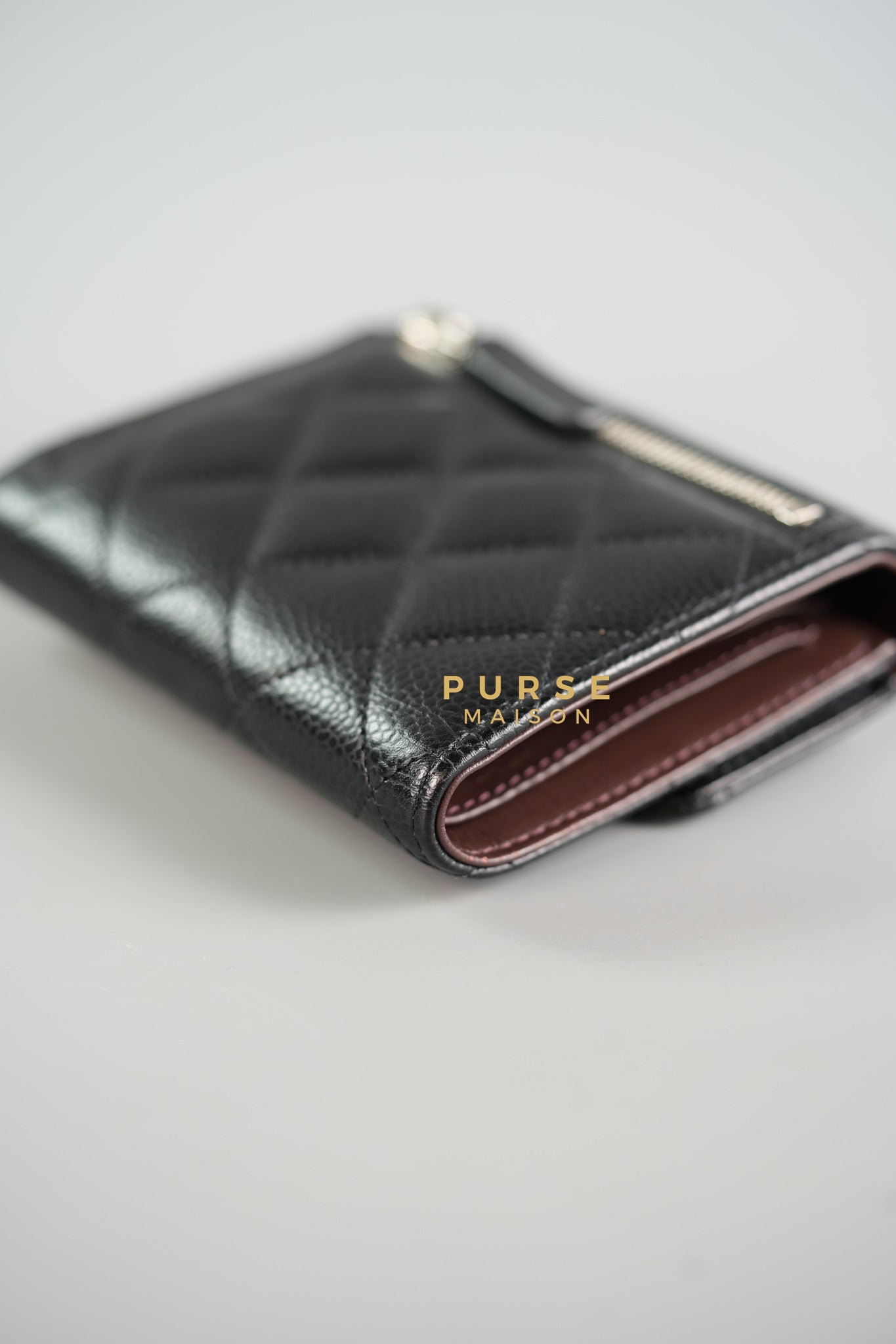 Classic Compact Trifold Wallet in Black Caviar & Silver Hardware (Microchip) | Purse Maison Luxury Bags Shop