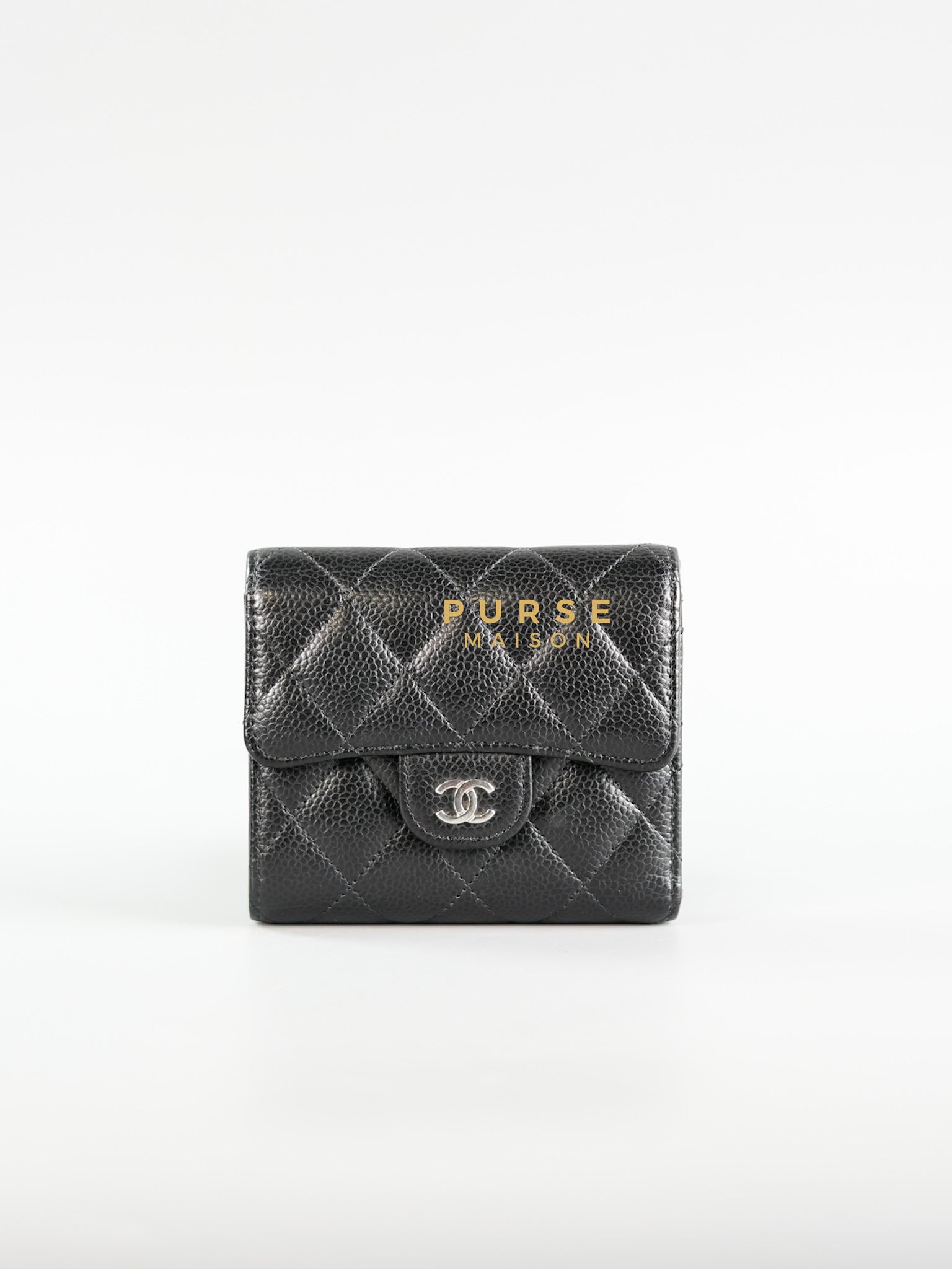 Classic Compact Trifold Wallet in Black Caviar & Silver Hardware (Microchip) | Purse Maison Luxury Bags Shop