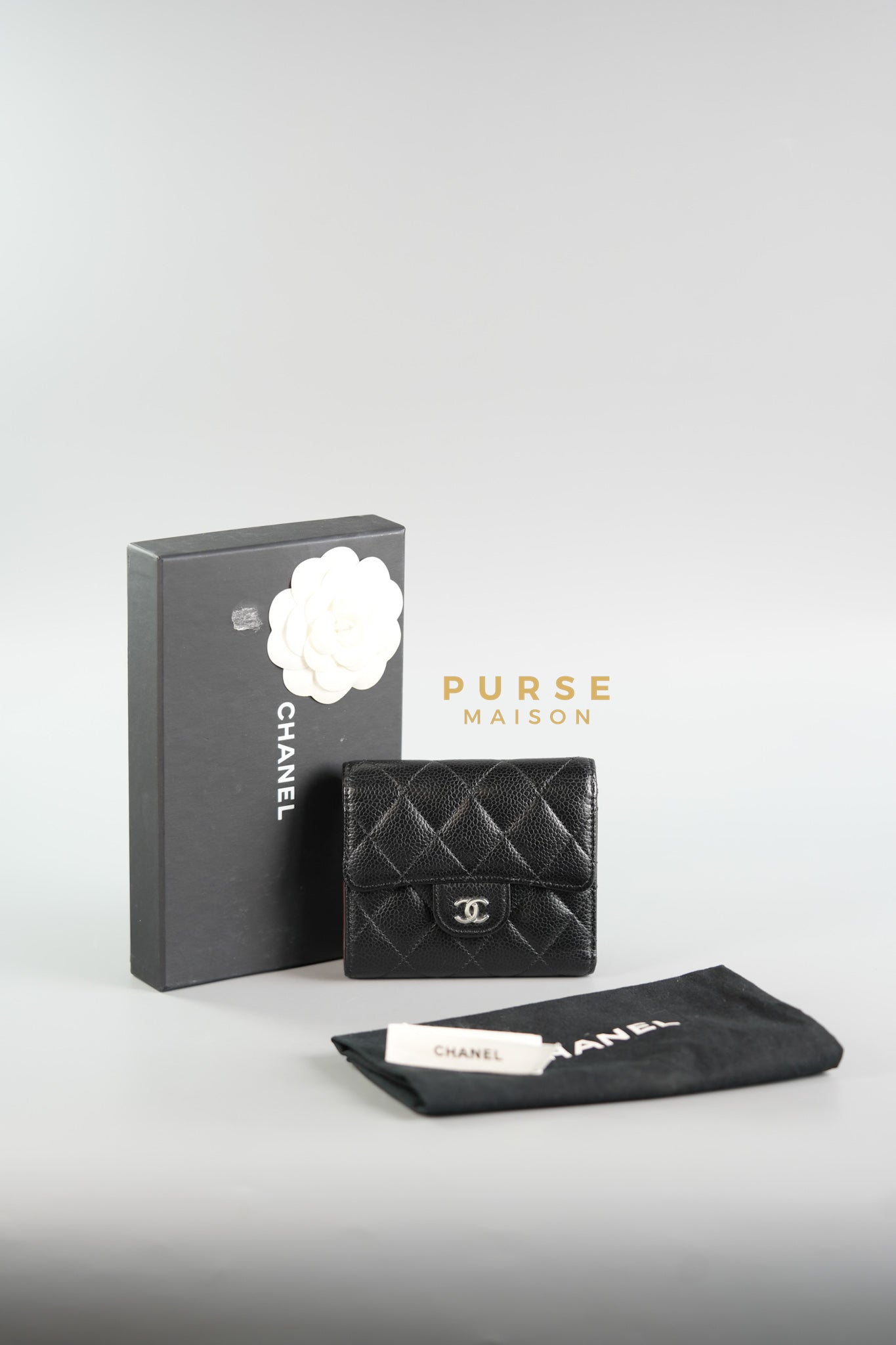 Classic Compact Trifold Wallet in Black Caviar & Silver Hardware (Microchip) | Purse Maison Luxury Bags Shop