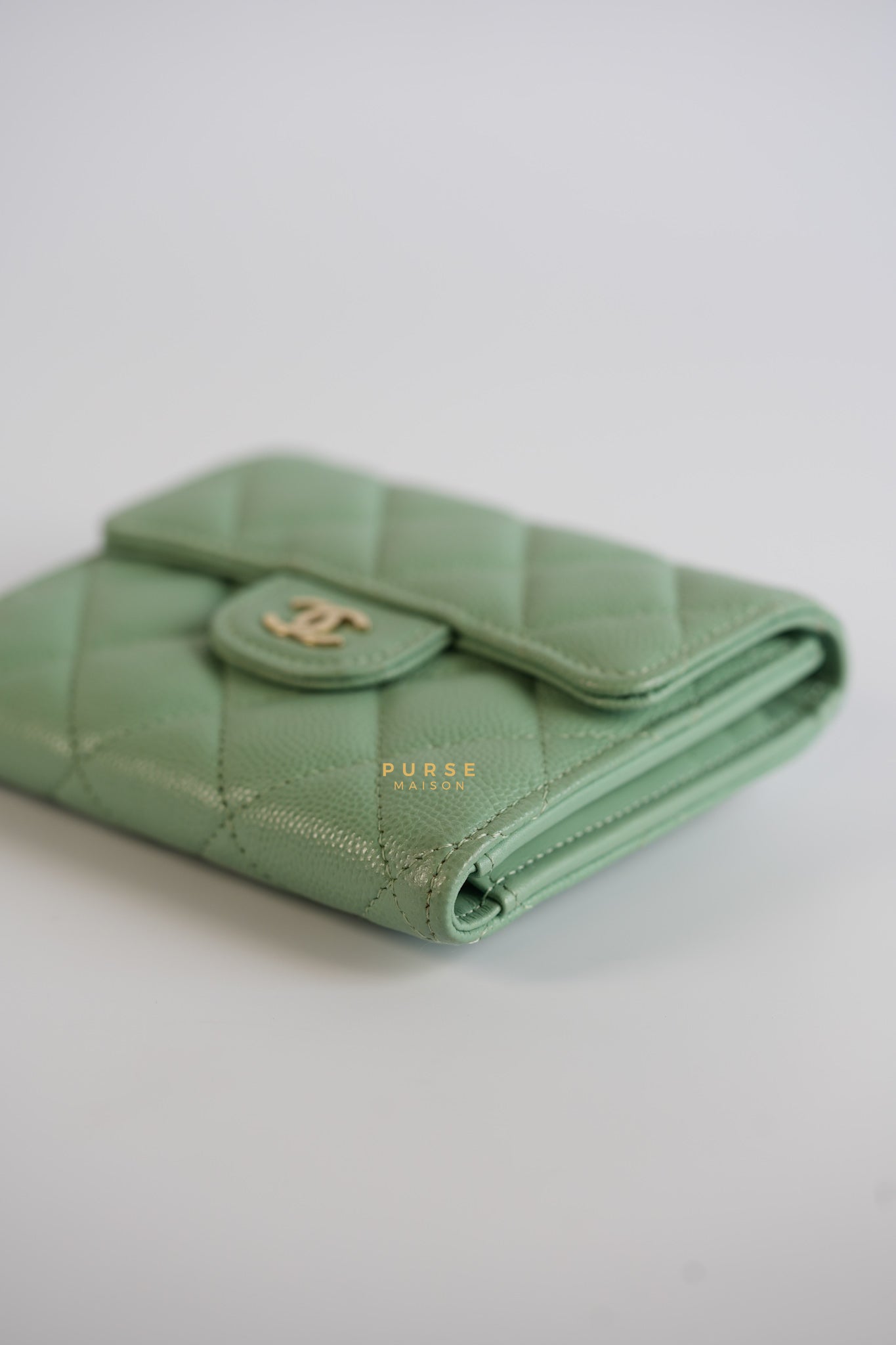 Classic Compact Trifold Wallet in Pastel Green Caviar & Light Gold Hardware (Microchip) | Purse Maison Luxury Bags Shop