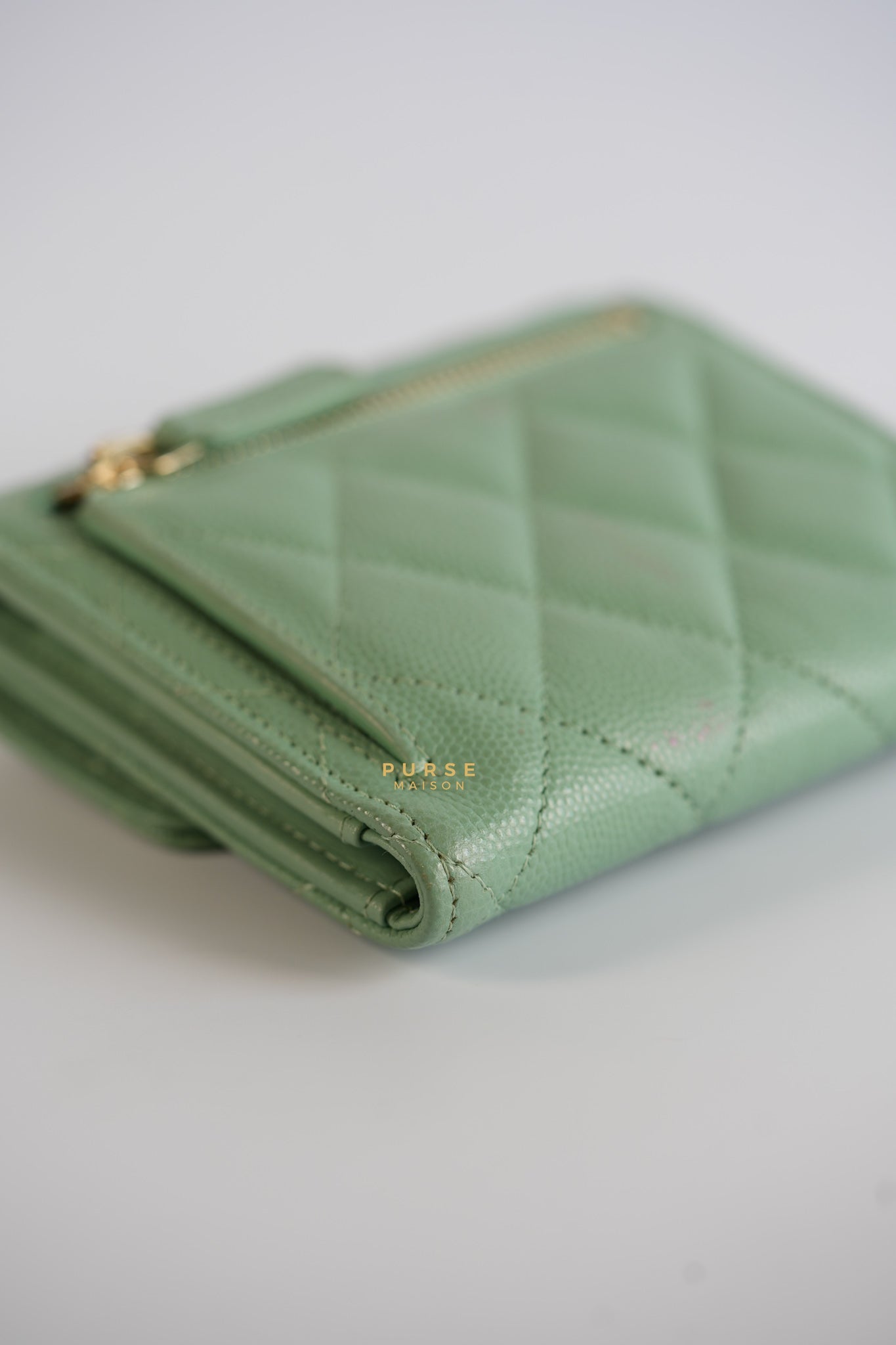 Classic Compact Trifold Wallet in Pastel Green Caviar & Light Gold Hardware (Microchip) | Purse Maison Luxury Bags Shop