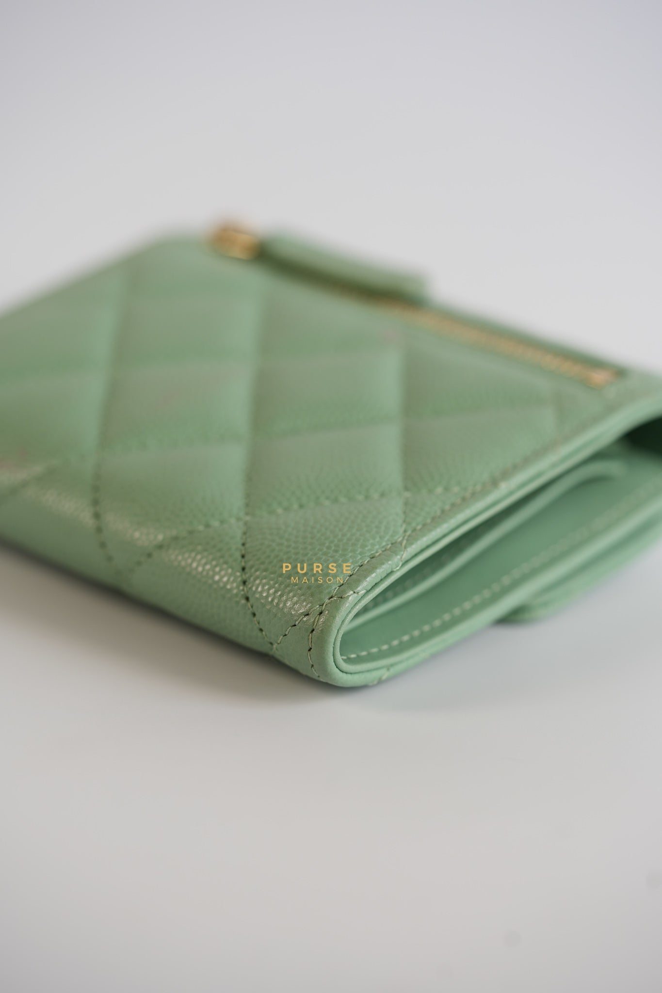 Classic Compact Trifold Wallet in Pastel Green Caviar & Light Gold Hardware (Microchip) | Purse Maison Luxury Bags Shop