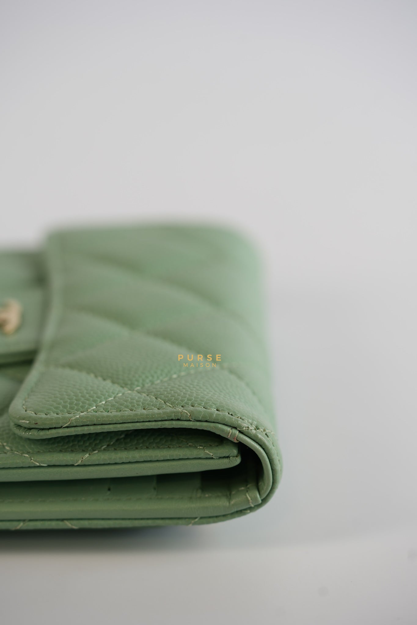 Classic Compact Trifold Wallet in Pastel Green Caviar & Light Gold Hardware (Microchip) | Purse Maison Luxury Bags Shop