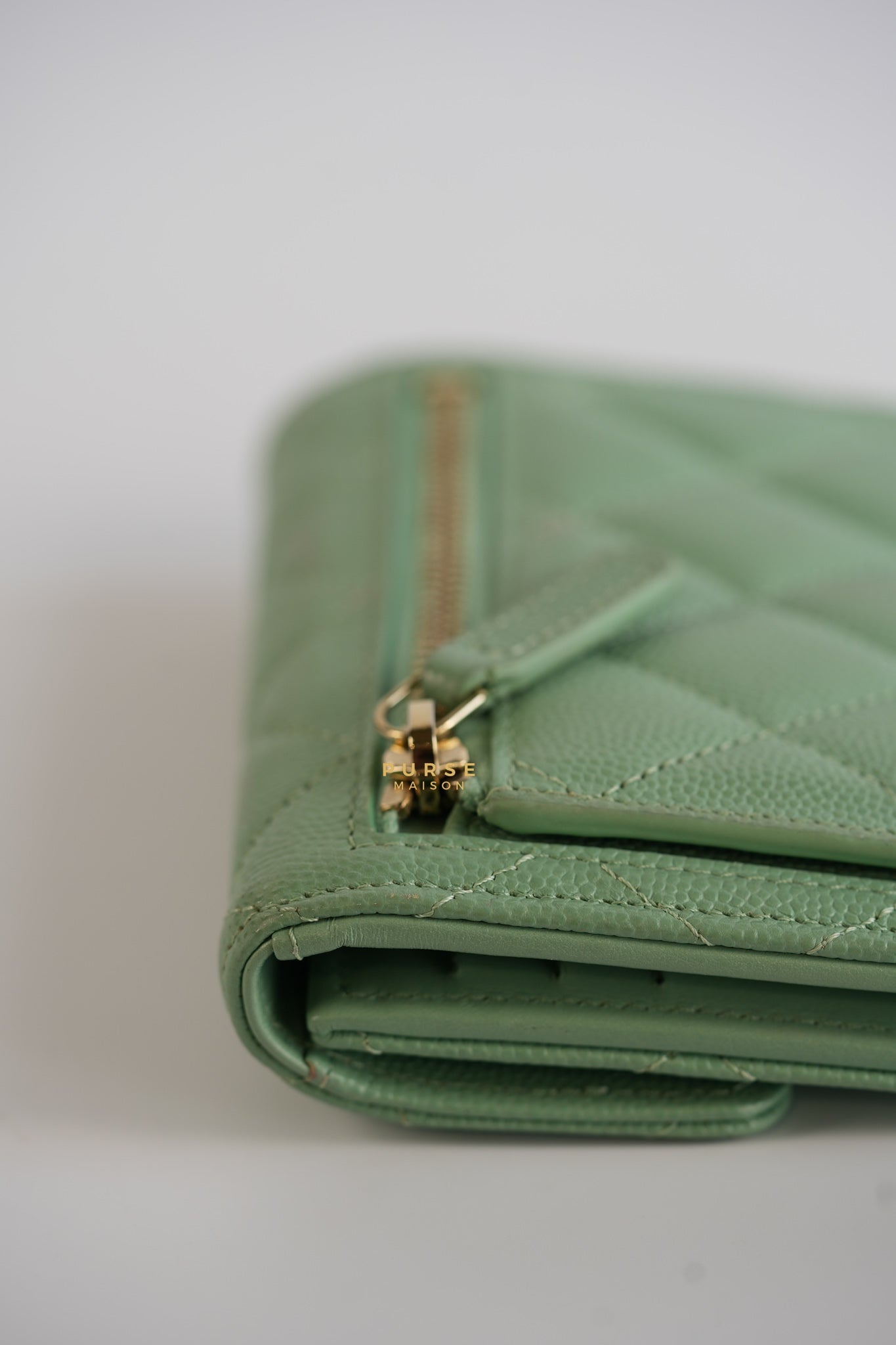 Classic Compact Trifold Wallet in Pastel Green Caviar & Light Gold Hardware (Microchip) | Purse Maison Luxury Bags Shop