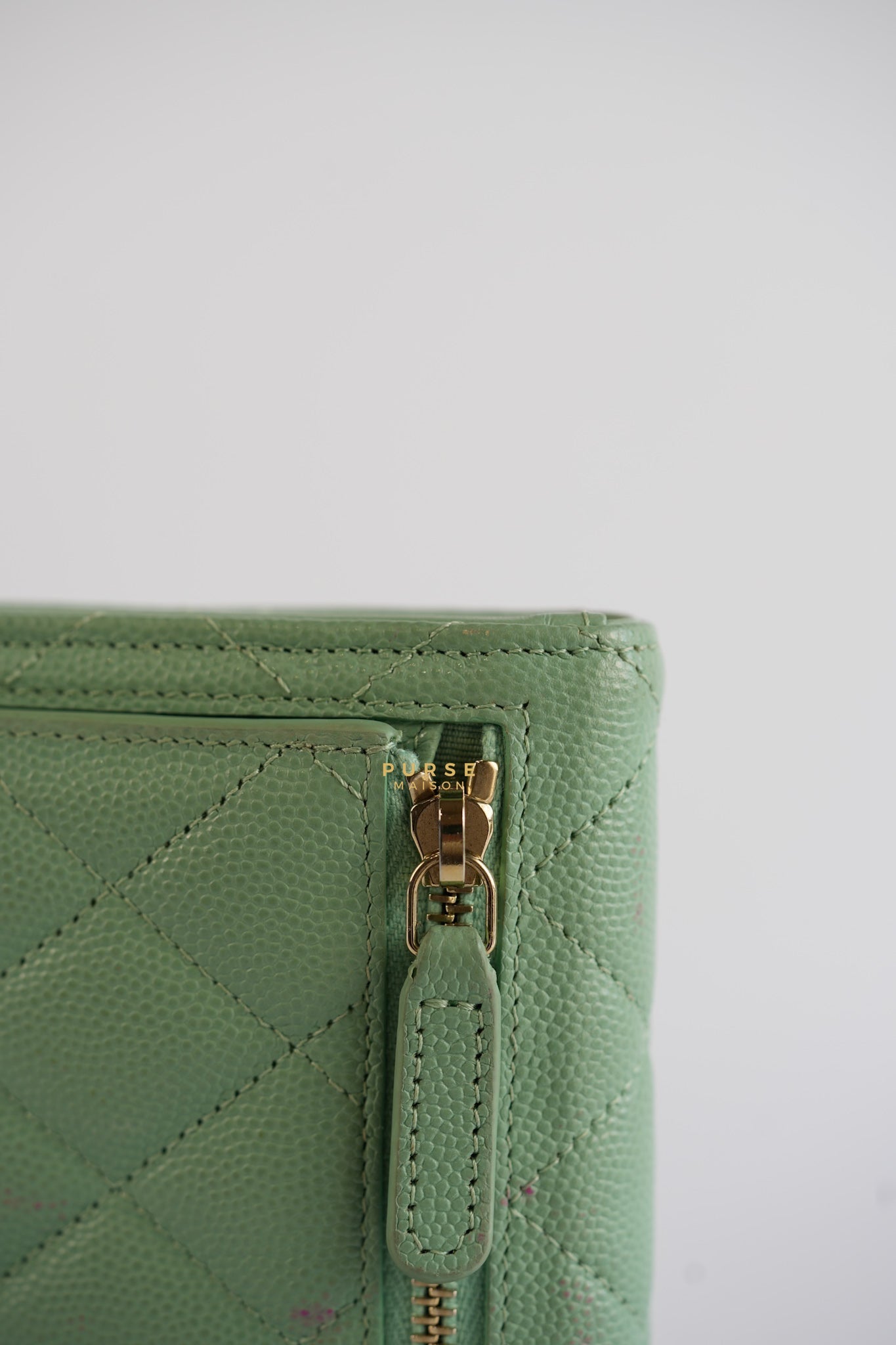 Classic Compact Trifold Wallet in Pastel Green Caviar & Light Gold Hardware (Microchip) | Purse Maison Luxury Bags Shop